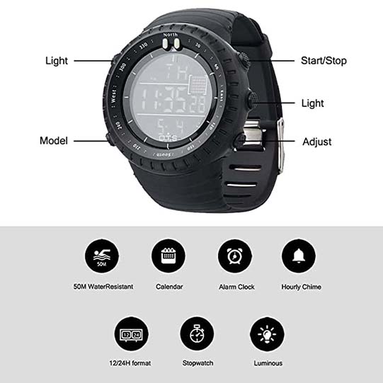 Men's Digital Sports Watch Outdoor Waterproof Tactical Watch with LED Backlight
