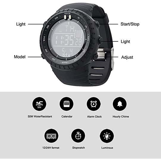 Men's Digital Sports Watch Outdoor Waterproof Tactical Watch with LED Backlight