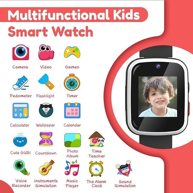 Kids Touchscreen Smartwatch with Cameras - Music Player, Educational Toy Pedometer Ideal Toddler Gifts for 3-10-Year-Olds - Birthday Present for 6-8-Year-Old (Black)