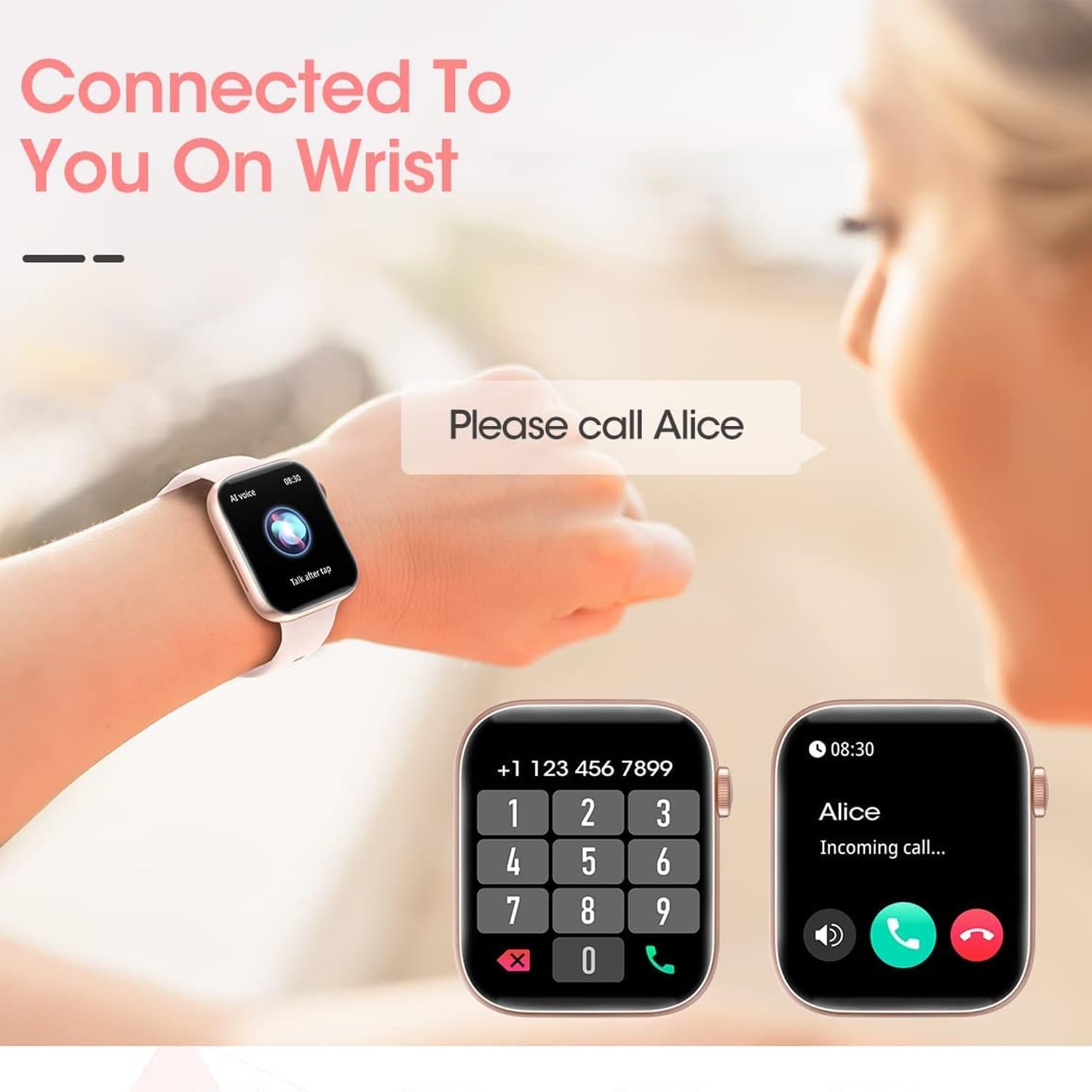 Smartwatch for Men Women Fitness 5ATM Waterproof Outdoor Tracker Elegant Wrist Time Piece with Ai Control Bluetooth/Heart Rate/Sleep Chronometer (Pink)