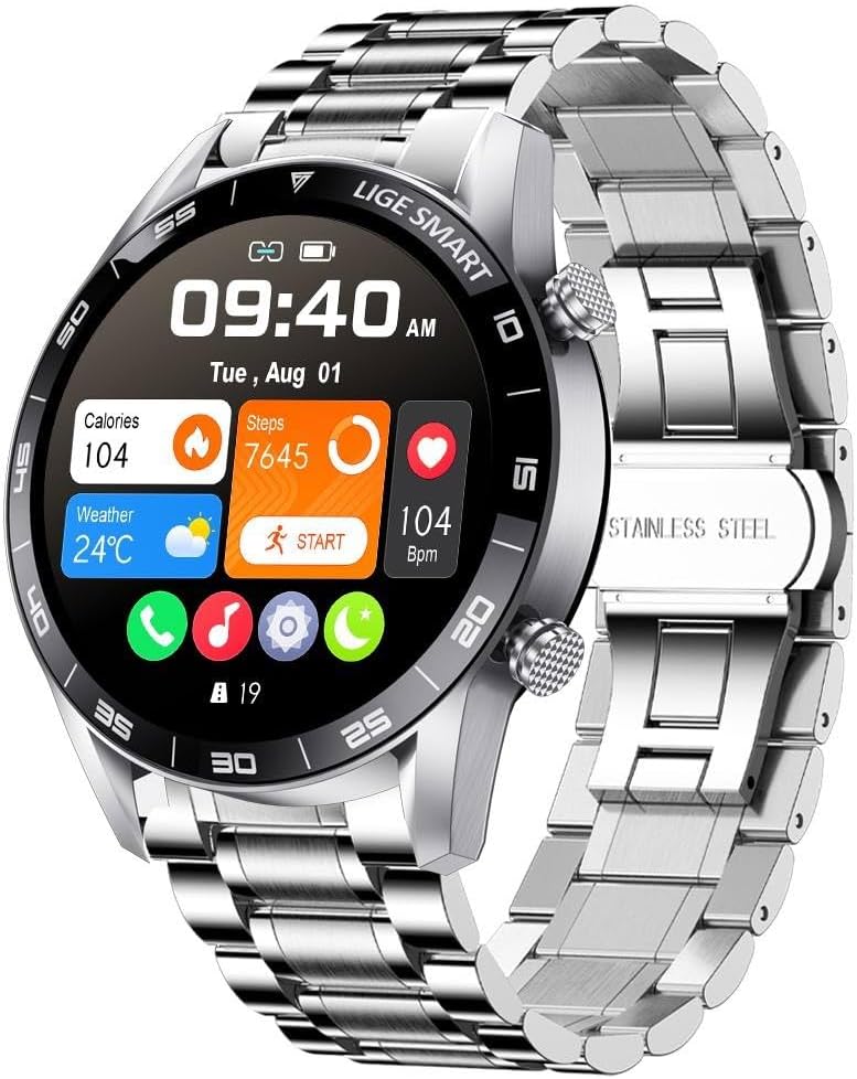 Stainless Steel Smart Watch with Bluetooth Calls - Full Touch Screen 1.3” IP67 Waterproof Fitness Tracker with Heart Rate Monitor Sleep Tracker and More (Silver)