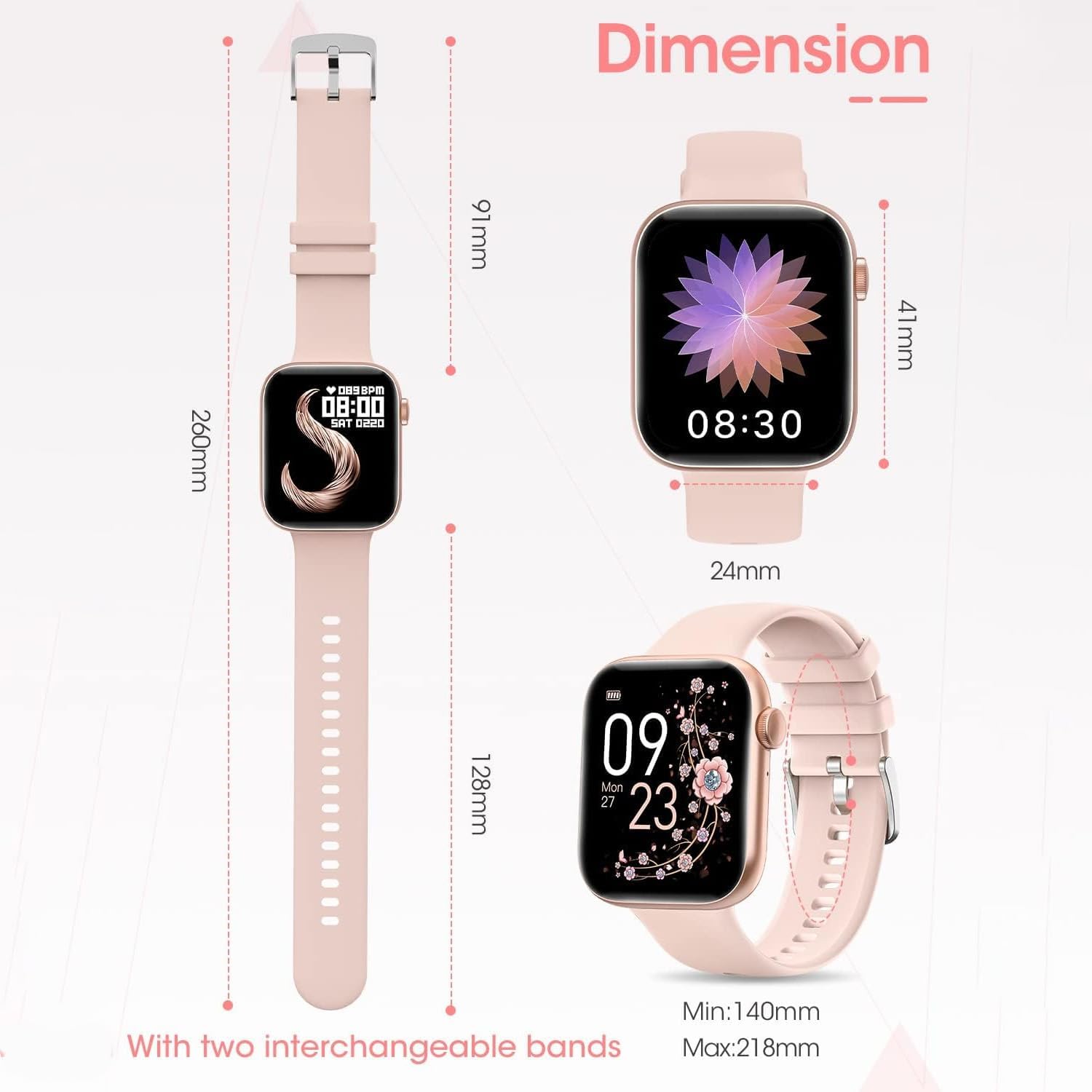 Smartwatch for Men Women Fitness 5ATM Waterproof Outdoor Tracker Elegant Wrist Time Piece with Ai Control Bluetooth/Heart Rate/Sleep Chronometer (Pink)
