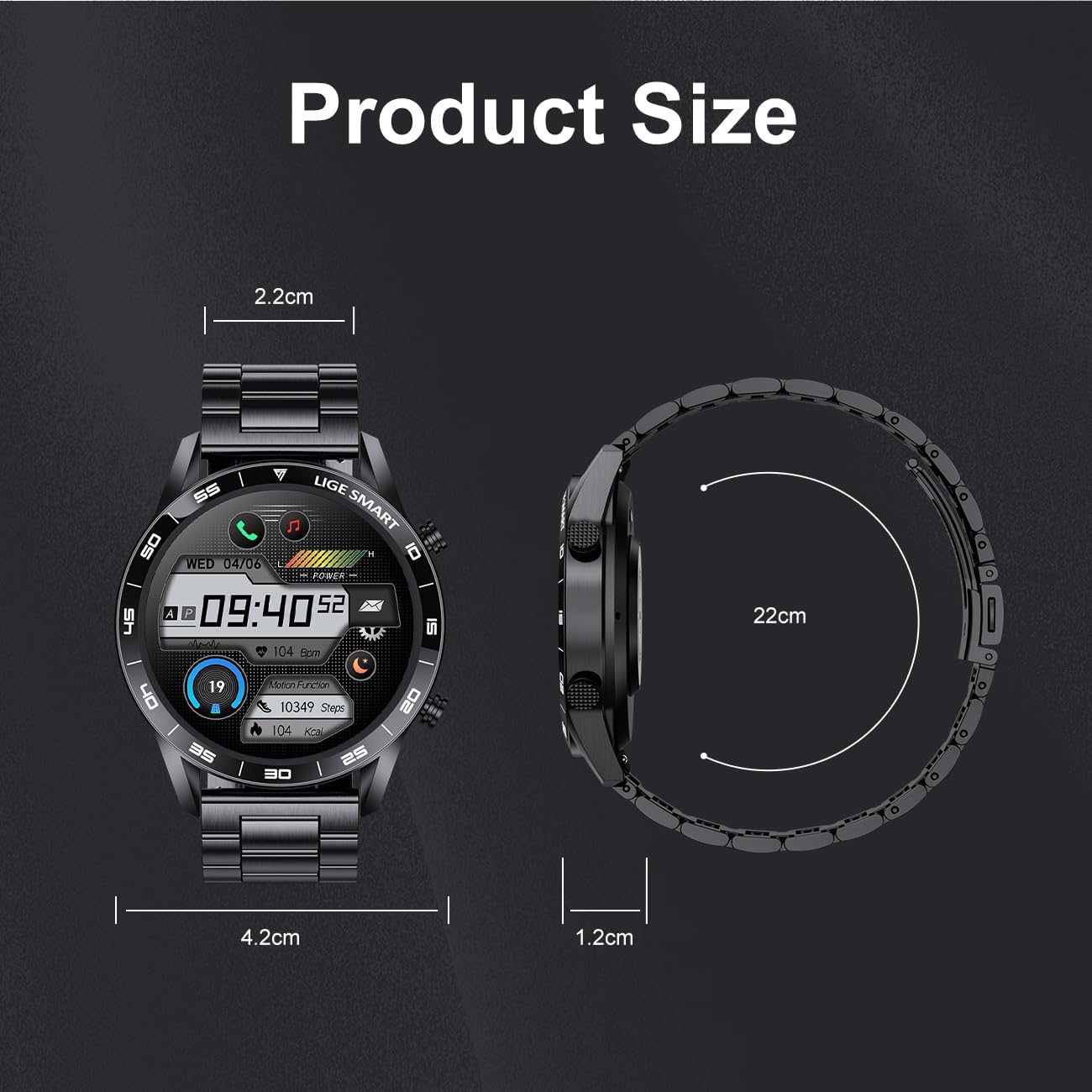 Stainless Steel Smart Watch with Bluetooth Calls - Full Touch Screen 1.3” IP67 Waterproof Fitness Tracker with Heart Rate Monitor Sleep Tracker and More (Black)