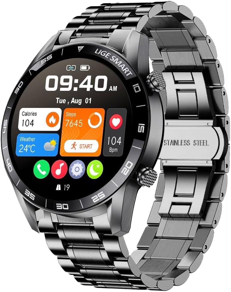 Stainless Steel Smart Watch with Bluetooth Calls - Full Touch Screen 1.3” IP67 Waterproof Fitness Tracker with Heart Rate Monitor Sleep Tracker and More (Black)