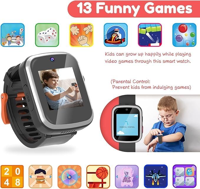 Kids Touchscreen Smartwatch with Cameras - Music Player, Educational Toy Pedometer Ideal Toddler Gifts for 3-10-Year-Olds - Birthday Present for 6-8-Year-Old (Black)