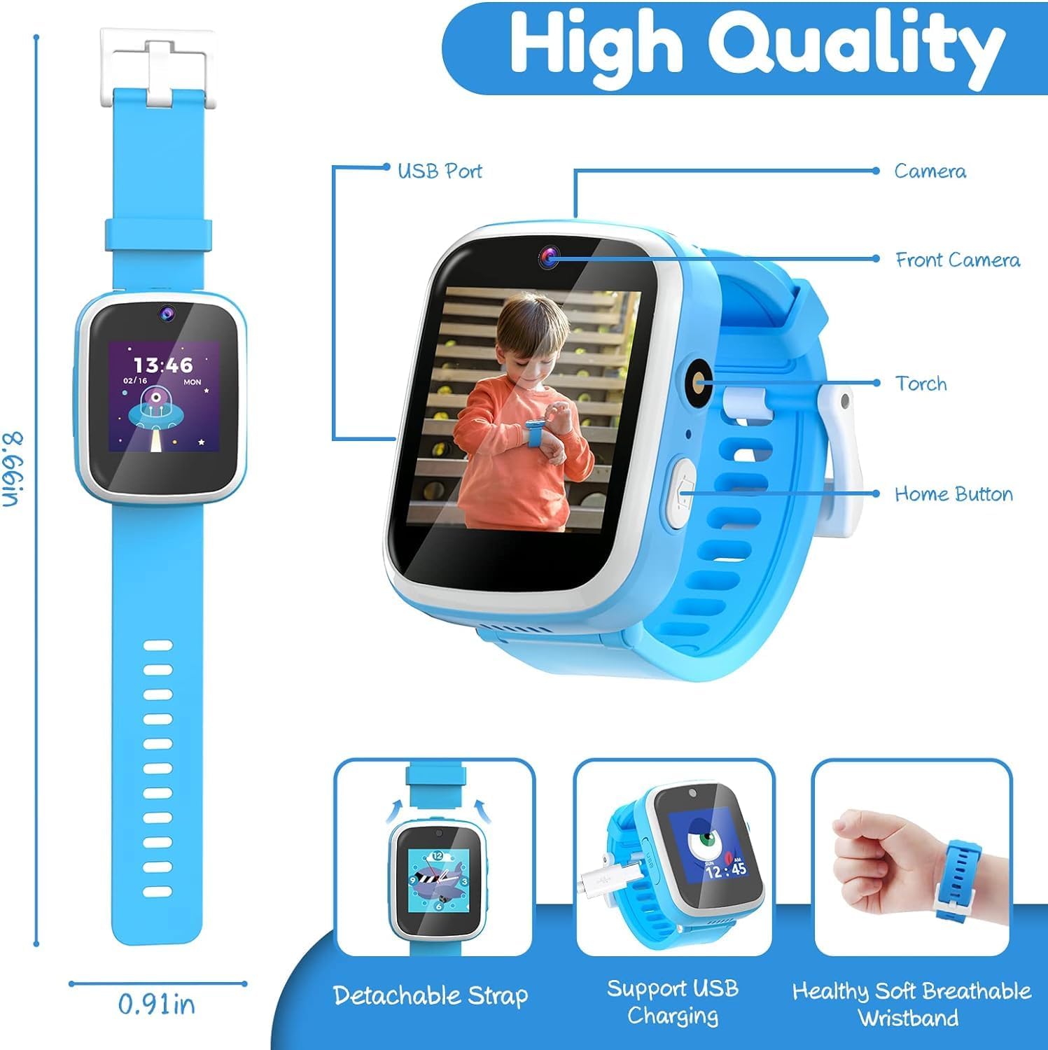Kids Touchscreen Smartwatch with Cameras - Music Player, Educational Toy Pedometer Ideal Toddler Gifts for 3-10-Year-Olds - Birthday Present for 6-8-Year-Old (Blue)