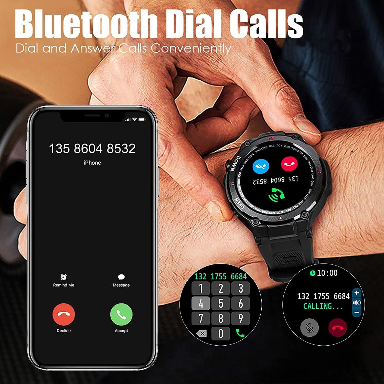 Military Smartwatch Men Outdoor Waterproof Tactical Smart Watch 1.3 Inch HD Touch Screen Bluetooth Talk Speaker Fitness Tracker Compatible with iPhone Samsung (Black)