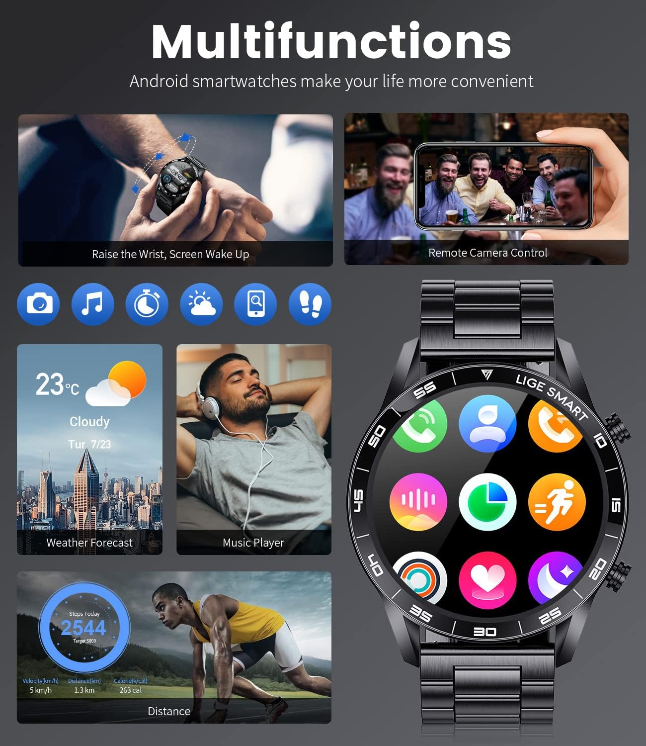 Stainless Steel Smart Watch with Bluetooth Calls - Full Touch Screen 1.3” IP67 Waterproof Fitness Tracker with Heart Rate Monitor Sleep Tracker and More (Black)