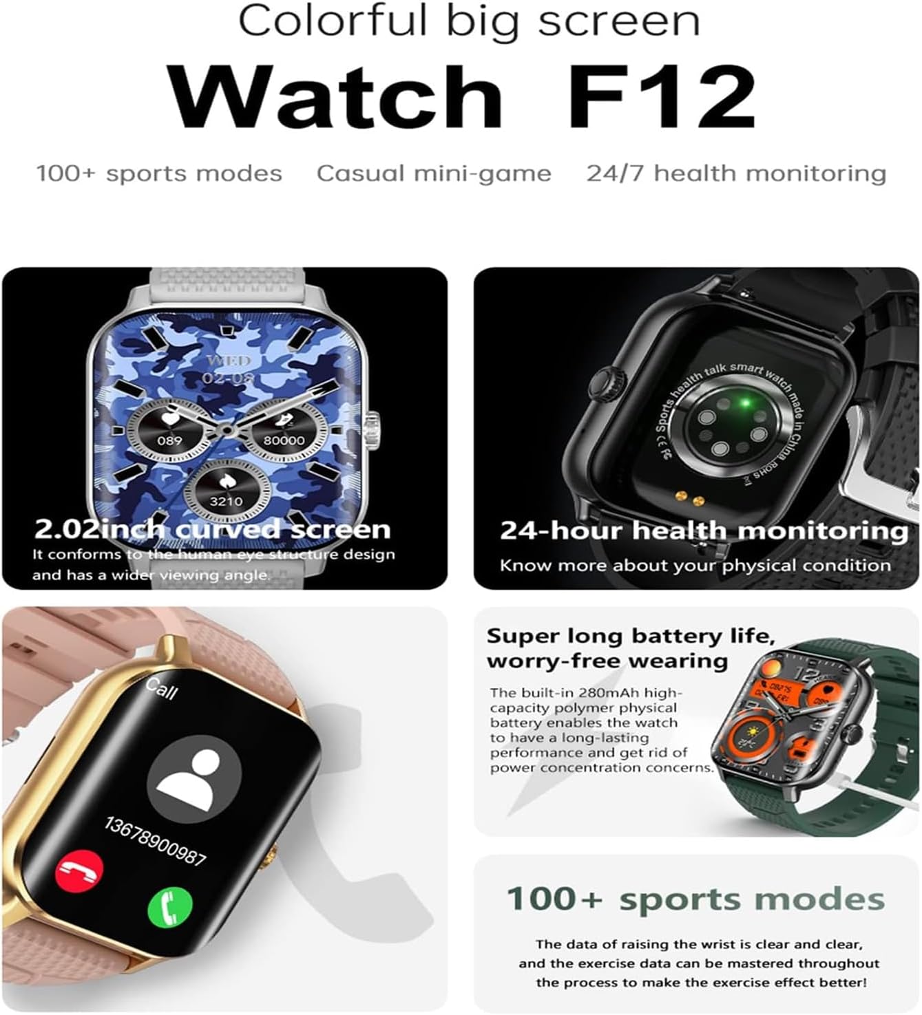 Big Touch Screen Smartwatch for Men and Women Health Fitness Tracker with Sleep Monitor Blood Pressure Pedometer Compatible with iOS and Android Phones (Gray)