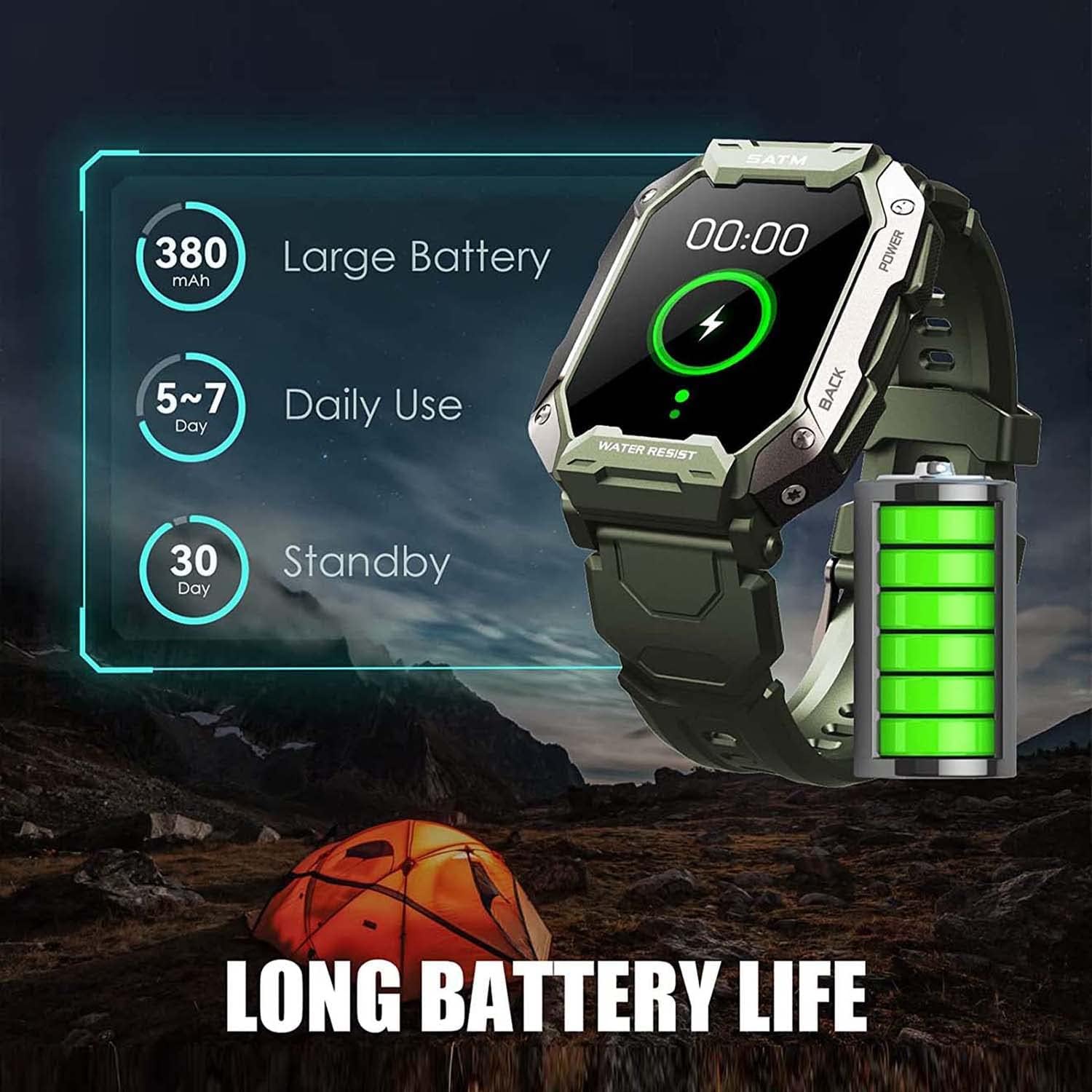Military Smart Watch for Men Outdoor Tactical Sports Watch 5ATM Waterproof 1.71 Inch Fitness Tracker Heart Rate Sleep Monitor Smartwatch Compatible with Android iPhone Samsung (Green)
