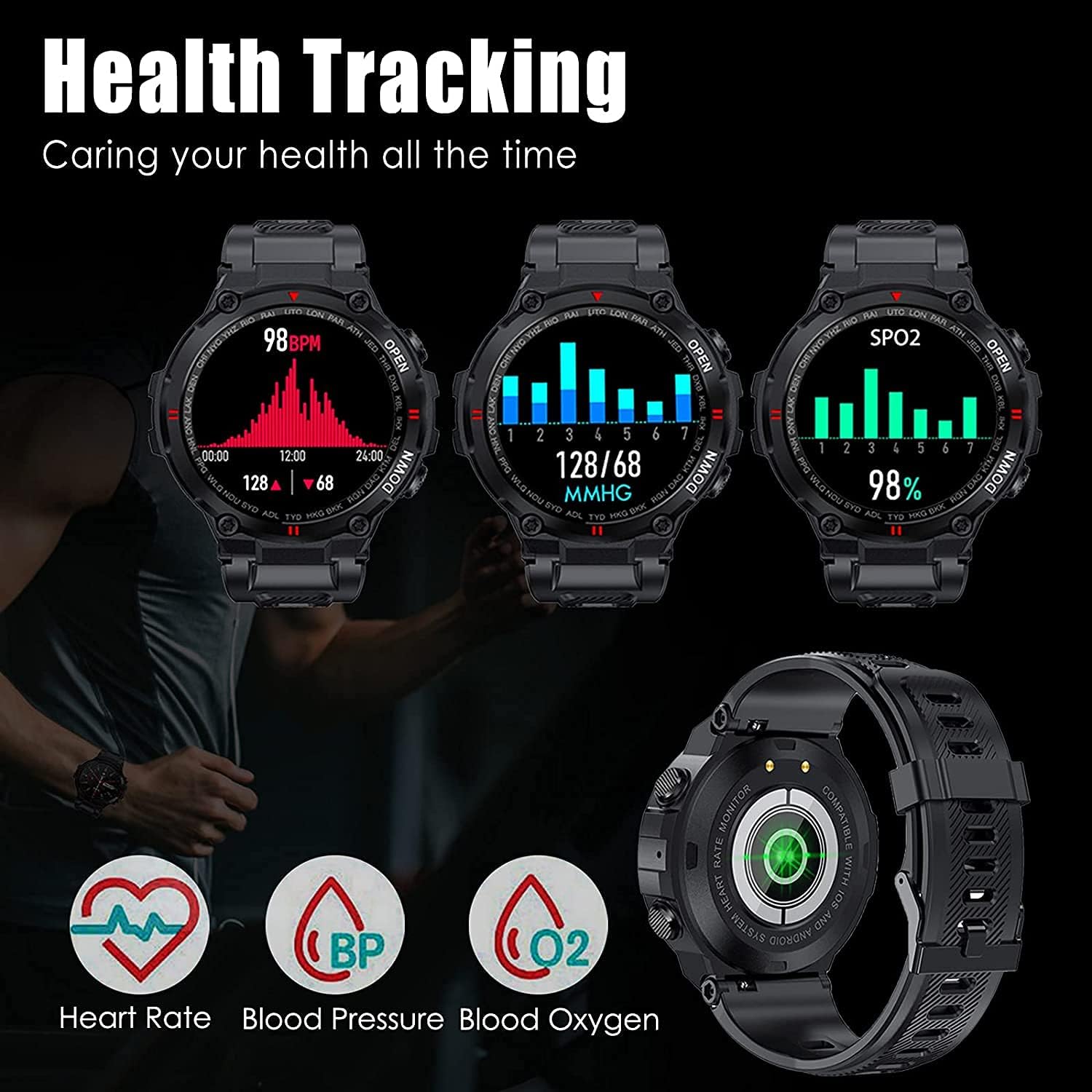 Military Smartwatch Men Outdoor Waterproof Tactical Smart Watch 1.3 Inch HD Touch Screen Bluetooth Talk Speaker Fitness Tracker Compatible with iPhone Samsung (Black)