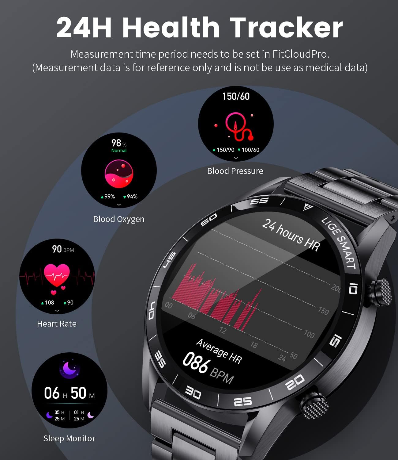 Stainless Steel Smart Watch with Bluetooth Calls - Full Touch Screen 1.3” IP67 Waterproof Fitness Tracker with Heart Rate Monitor Sleep Tracker and More (Black)
