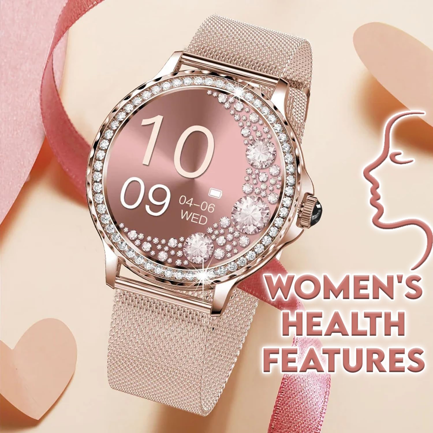 Diamond Women's Smartwatch with Pregnancy and Menstrual Tracking Answer Calls 1.3'' Bluetooth Display for Android iOS, Waterproof Fitness Watch with Sleep and AI Voice Valentines Day Gift (Rose Gold)