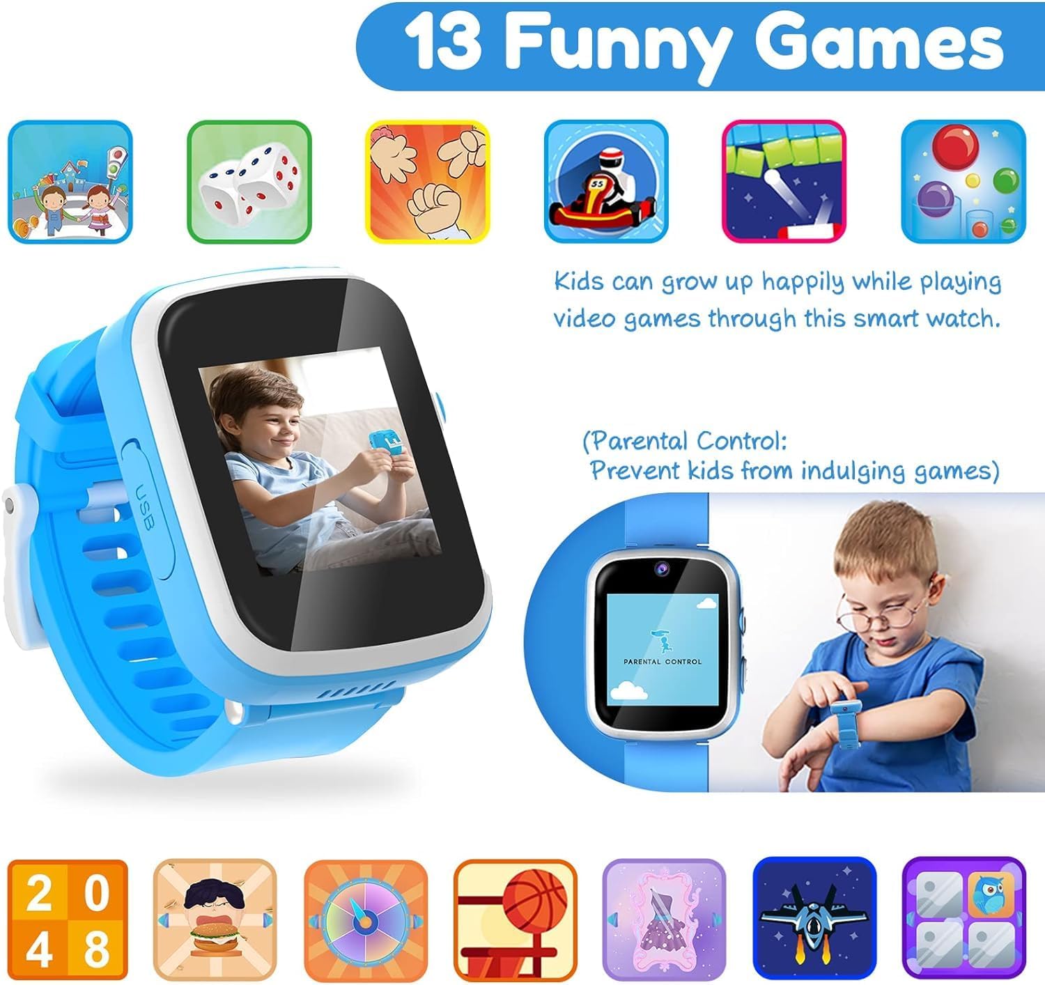Kids Touchscreen Smartwatch with Cameras - Music Player, Educational Toy Pedometer Ideal Toddler Gifts for 3-10-Year-Olds - Birthday Present for 6-8-Year-Old (Blue)
