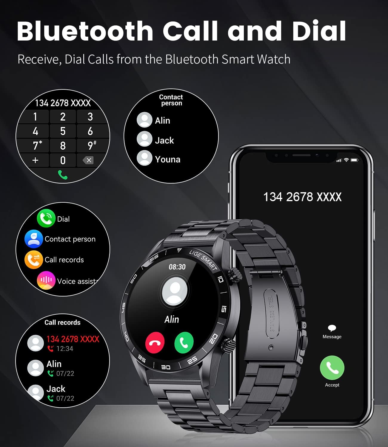 Stainless Steel Smart Watch with Bluetooth Calls - Full Touch Screen 1.3” IP67 Waterproof Fitness Tracker with Heart Rate Monitor Sleep Tracker and More (Black)