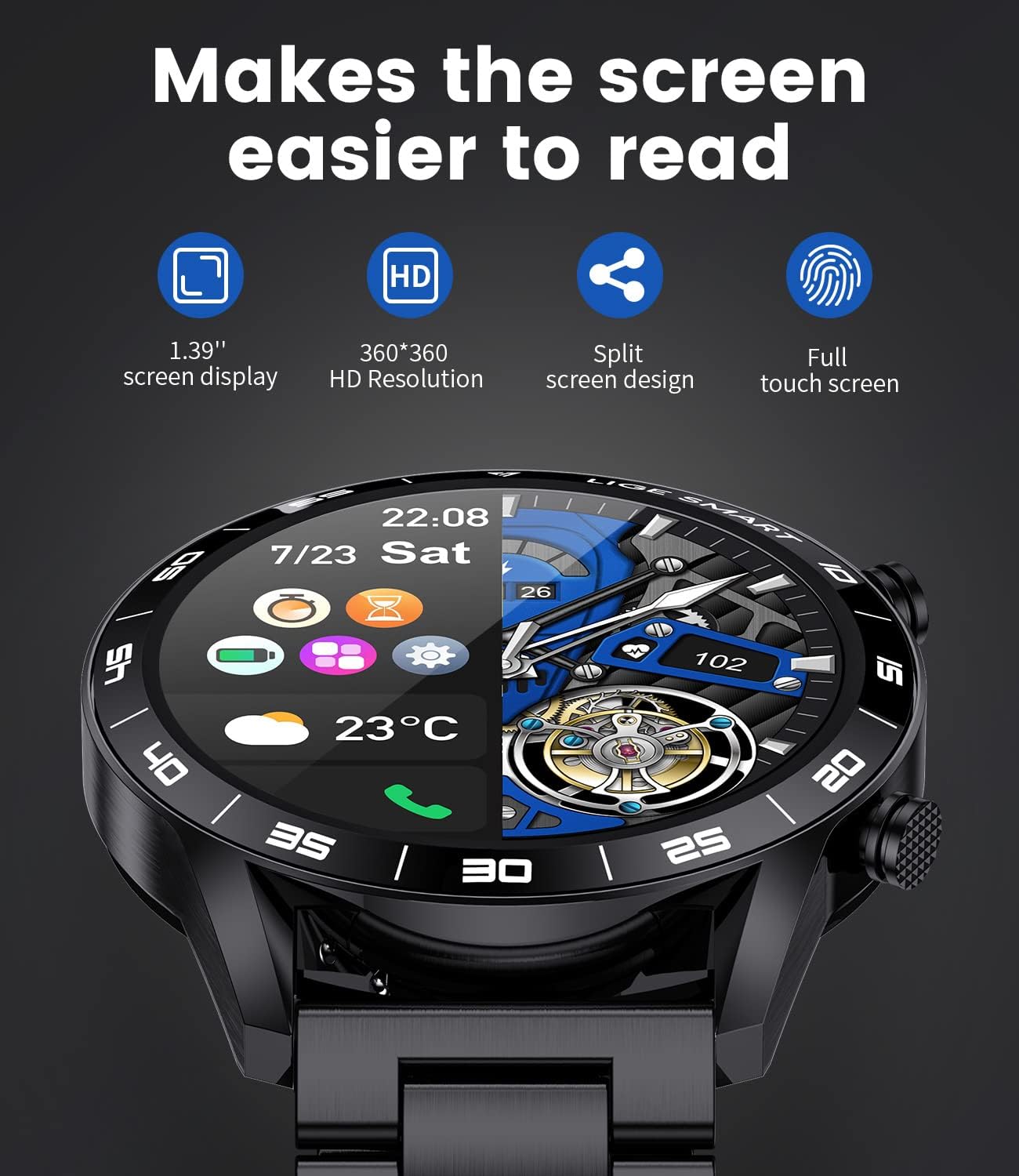 Stainless Steel Smart Watch with Bluetooth Calls - Full Touch Screen 1.3” IP67 Waterproof Fitness Tracker with Heart Rate Monitor Sleep Tracker and More (Black)