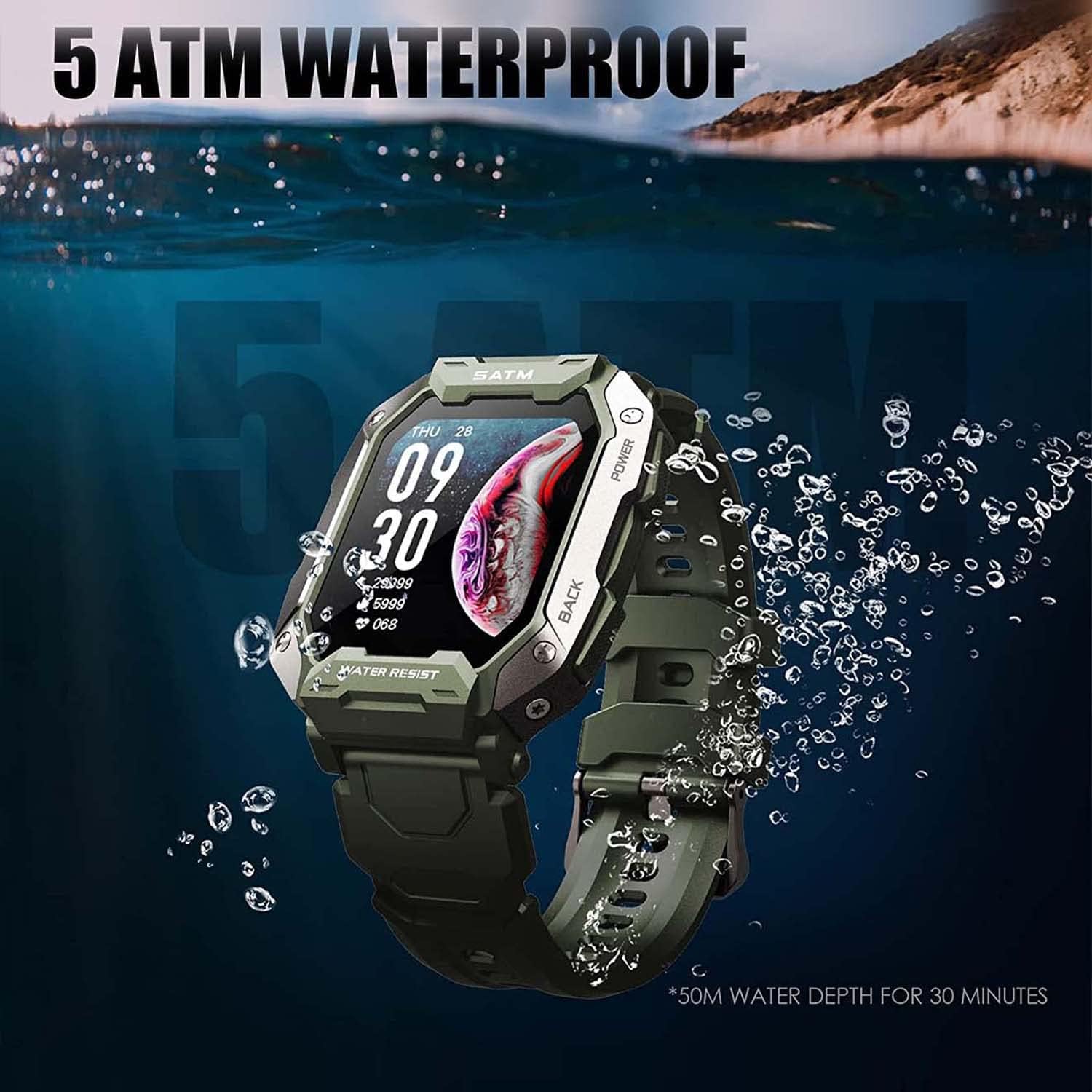 Military Smart Watch for Men Outdoor Tactical Sports Watch 5ATM Waterproof 1.71 Inch Fitness Tracker Heart Rate Sleep Monitor Smartwatch Compatible with Android iPhone Samsung (Green)