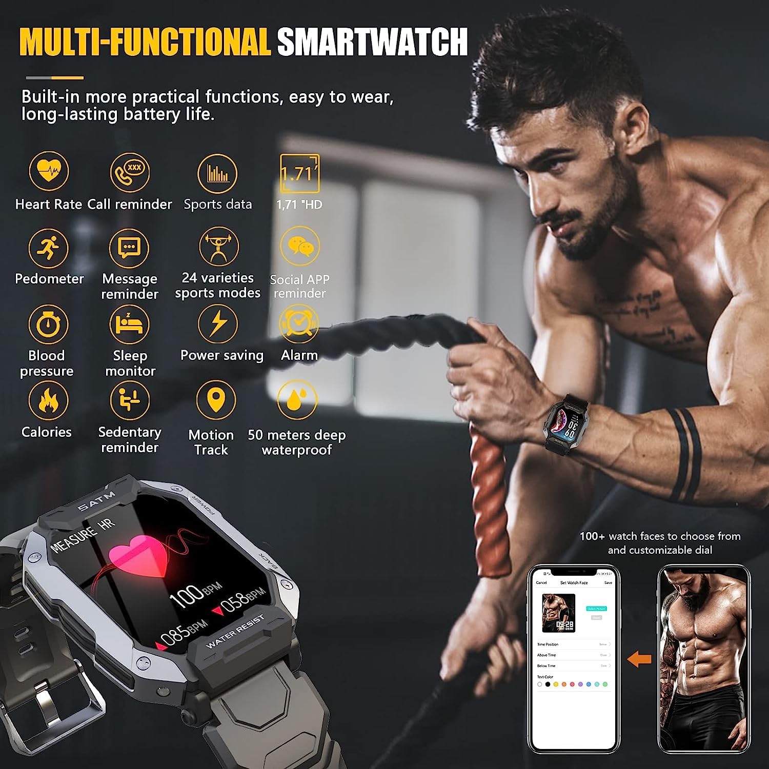 Military Smartwatch for Men Outdoor Tactical Sports Watch 5ATM Waterproof 1.71 Inch Fitness Tracker Heart Rate Sleep Monitor Smart Watch Compatible with Android iPhone Samsung (BlackExBand)