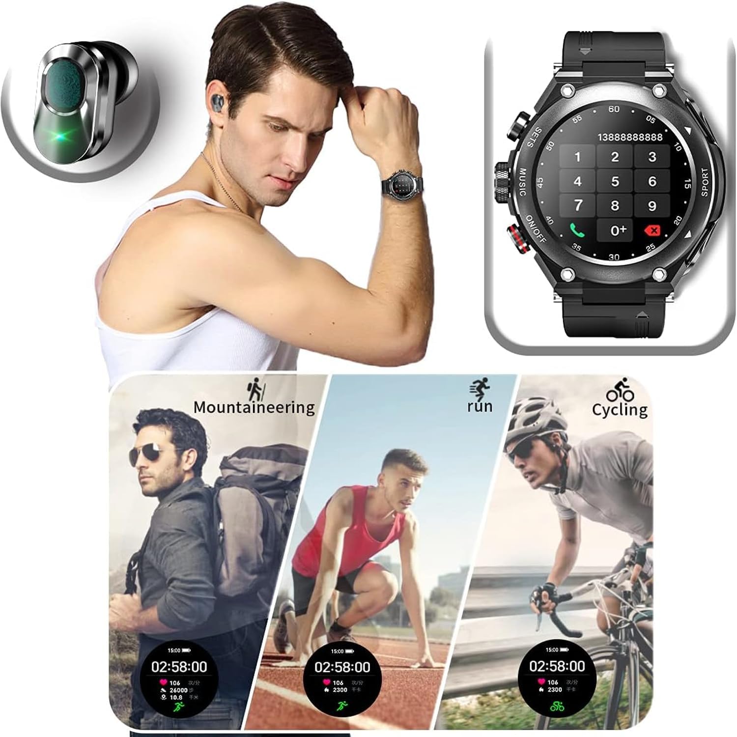 2 in 1 Smart Watch with Earbuds Fitness Tracker Blood Oxygen Heart Rate Monitor Sleep Monitor HD Touch Screen Compatible with iPhone Samsung Android Phones T92 (Black)