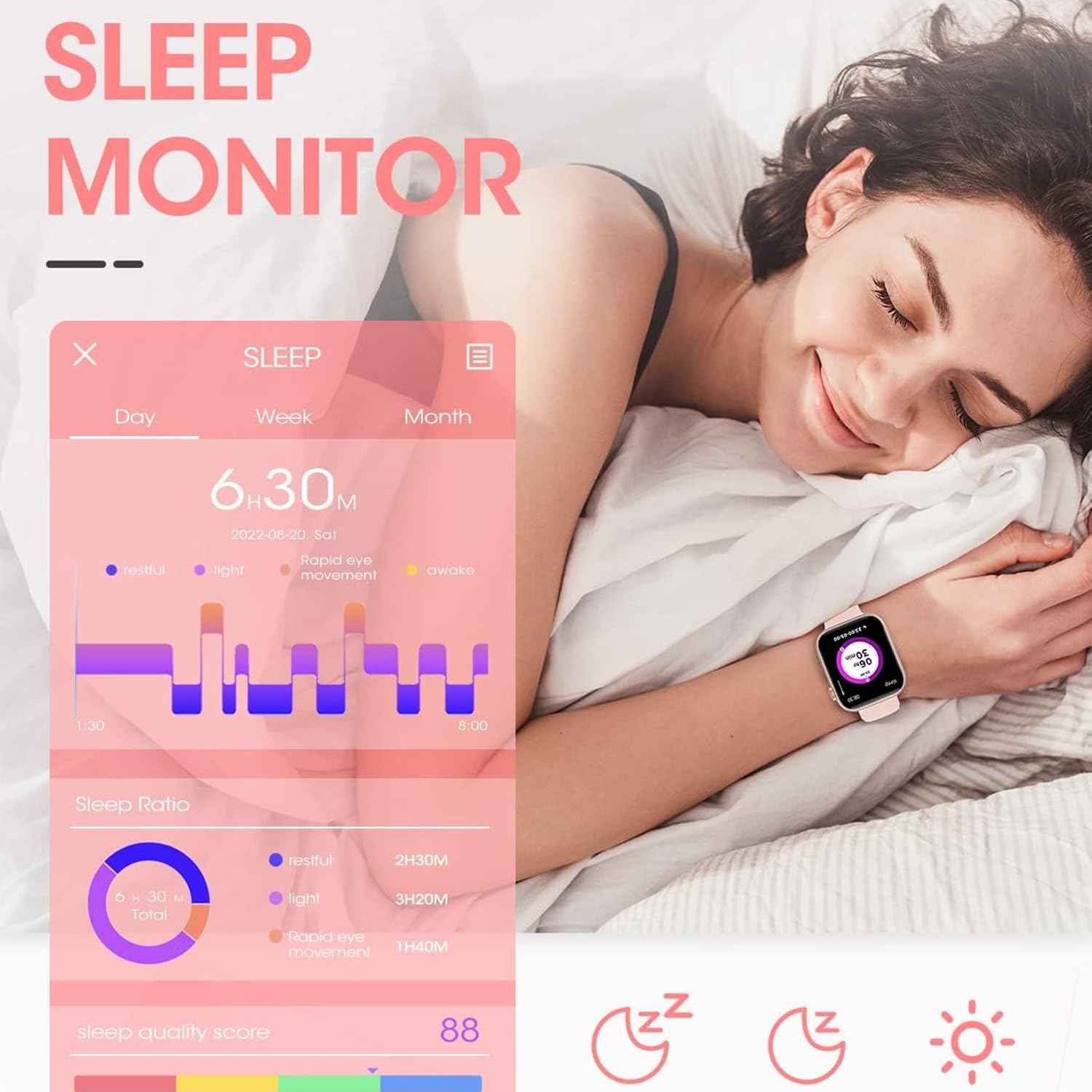 Smartwatch for Men Women Fitness 5ATM Waterproof Outdoor Tracker Elegant Wrist Time Piece with Ai Control Bluetooth/Heart Rate/Sleep Chronometer (Pink)