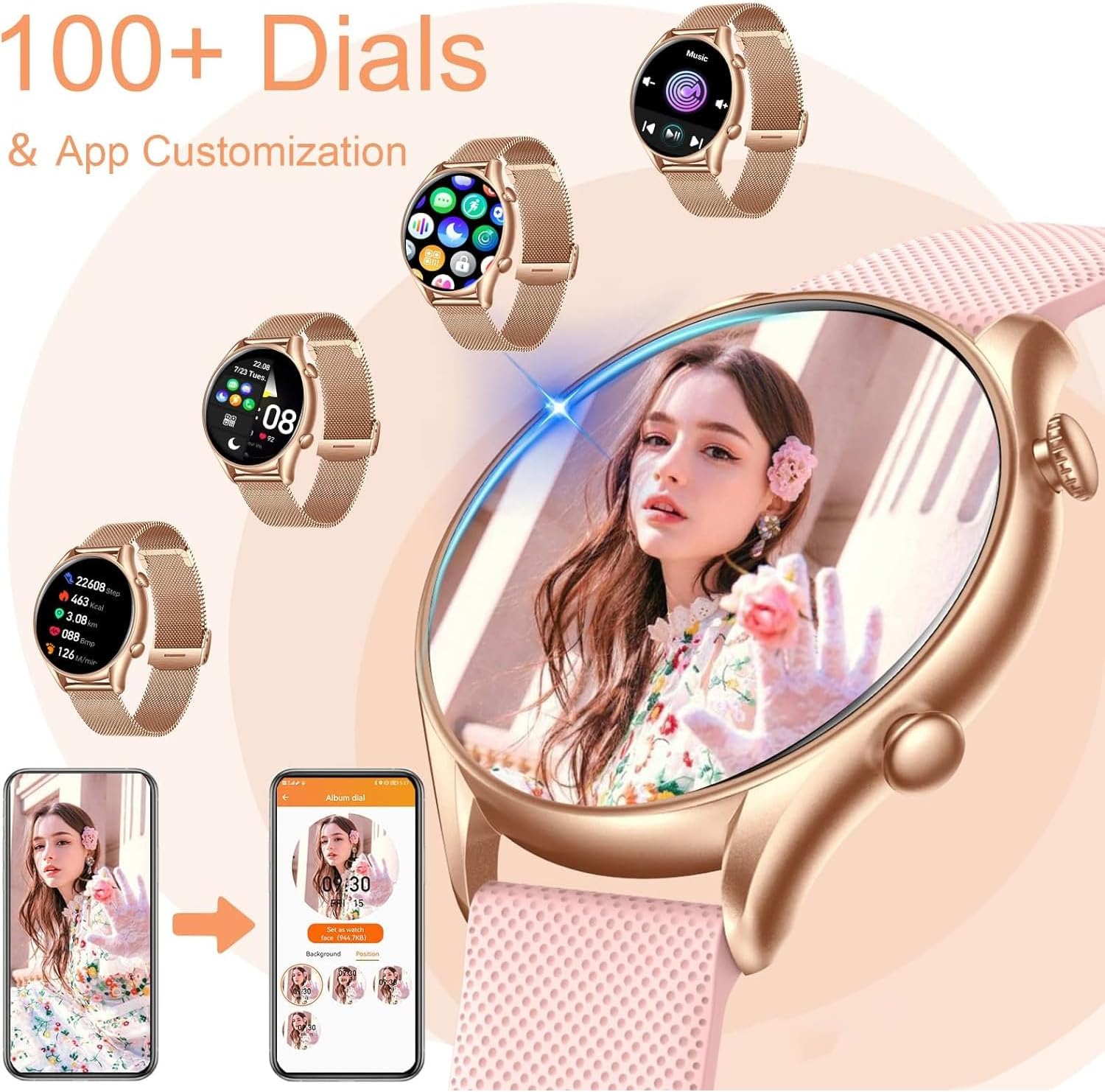 IP68 Waterproof Smartwatch for Women - Fitness Tracker Answer/Make Calls Heart Rate Blood Pressure Sleep Monitor Step Counter-Sport Running Digital Watch for Android iOS Phones (Pink)