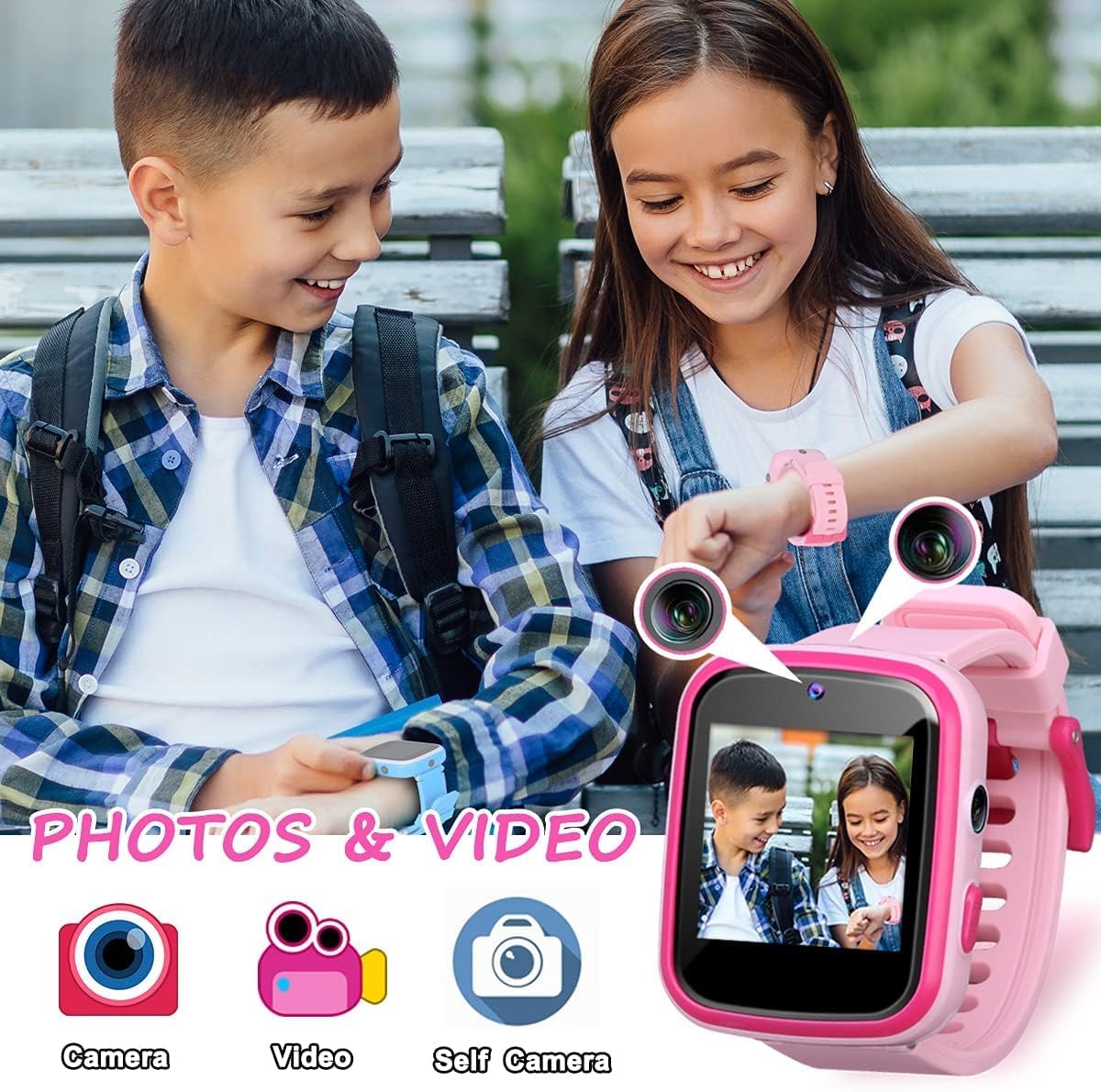 Kids Touchscreen Smartwatch with Cameras - Music Player, Educational Toy Pedometer Ideal Toddler Gifts for 3-10-Year-Olds - Birthday Present for 6-8-Year-Old (Pink)