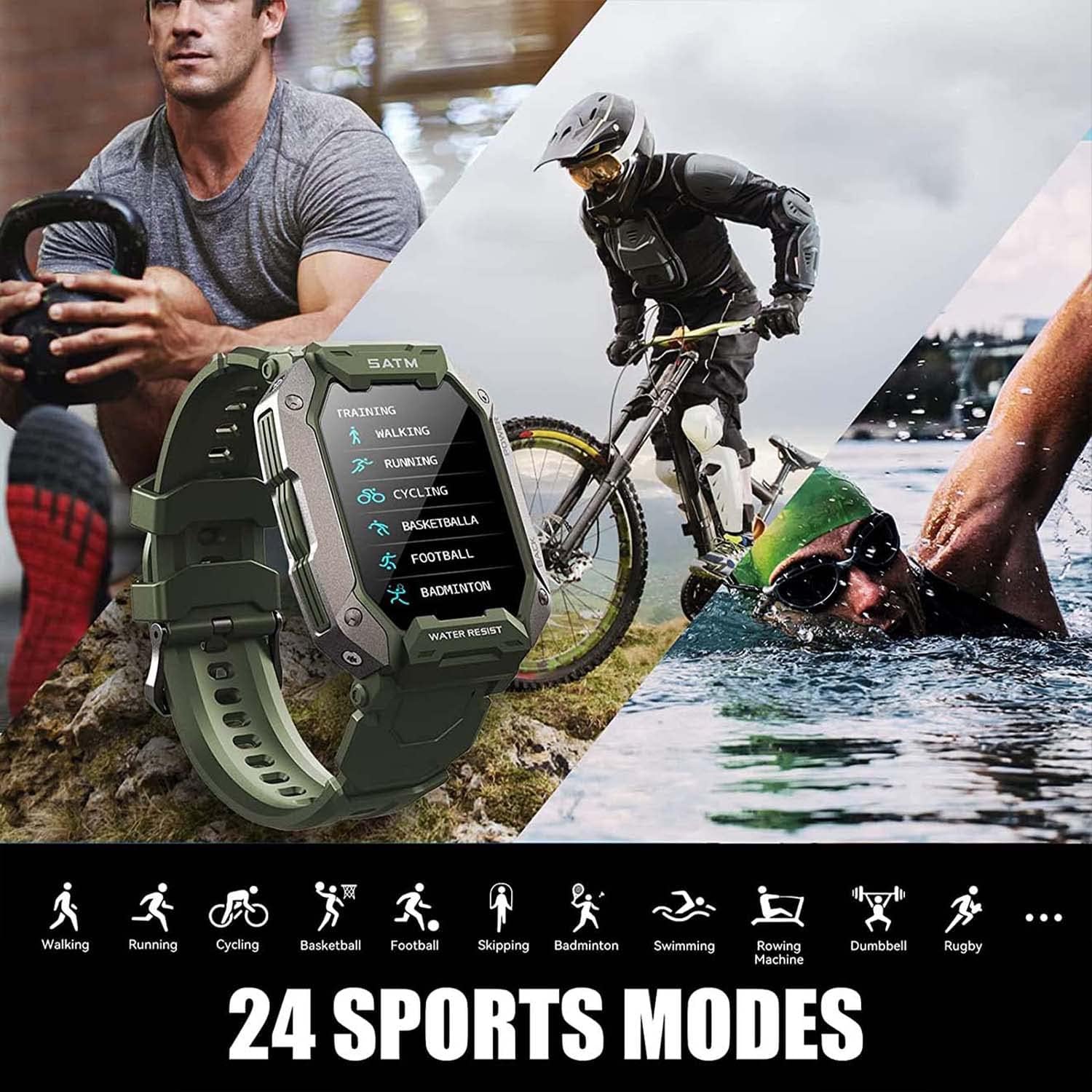 Military Smart Watch for Men Outdoor Tactical Sports Watch 5ATM Waterproof 1.71 Inch Fitness Tracker Heart Rate Sleep Monitor Smartwatch Compatible with Android iPhone Samsung (Green)