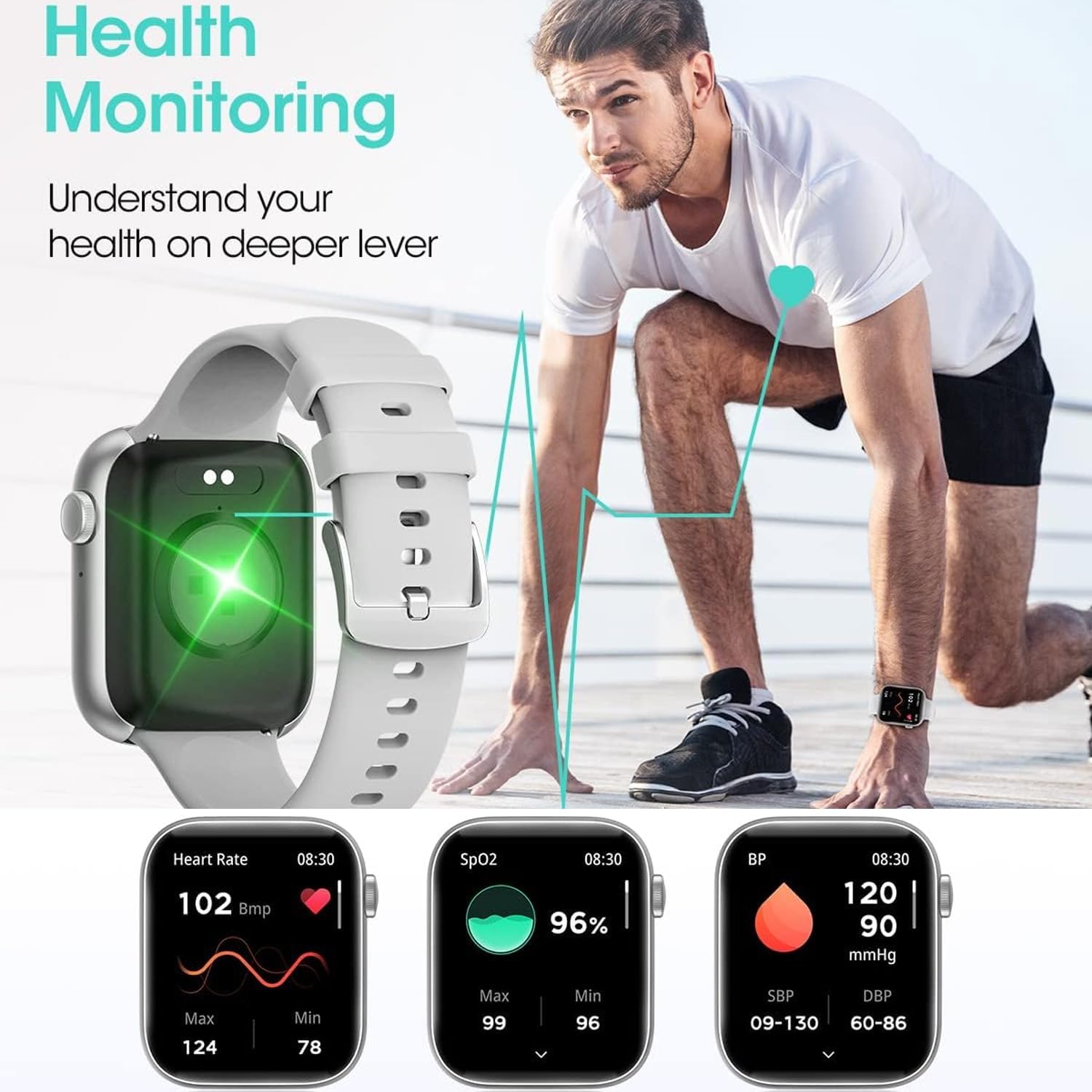 Smartwatch for Men Women Fitness 5ATM Waterproof Outdoor Tracker Elegant Wrist Time Piece with Ai Control Bluetooth/Heart Rate/Sleep Chronometer