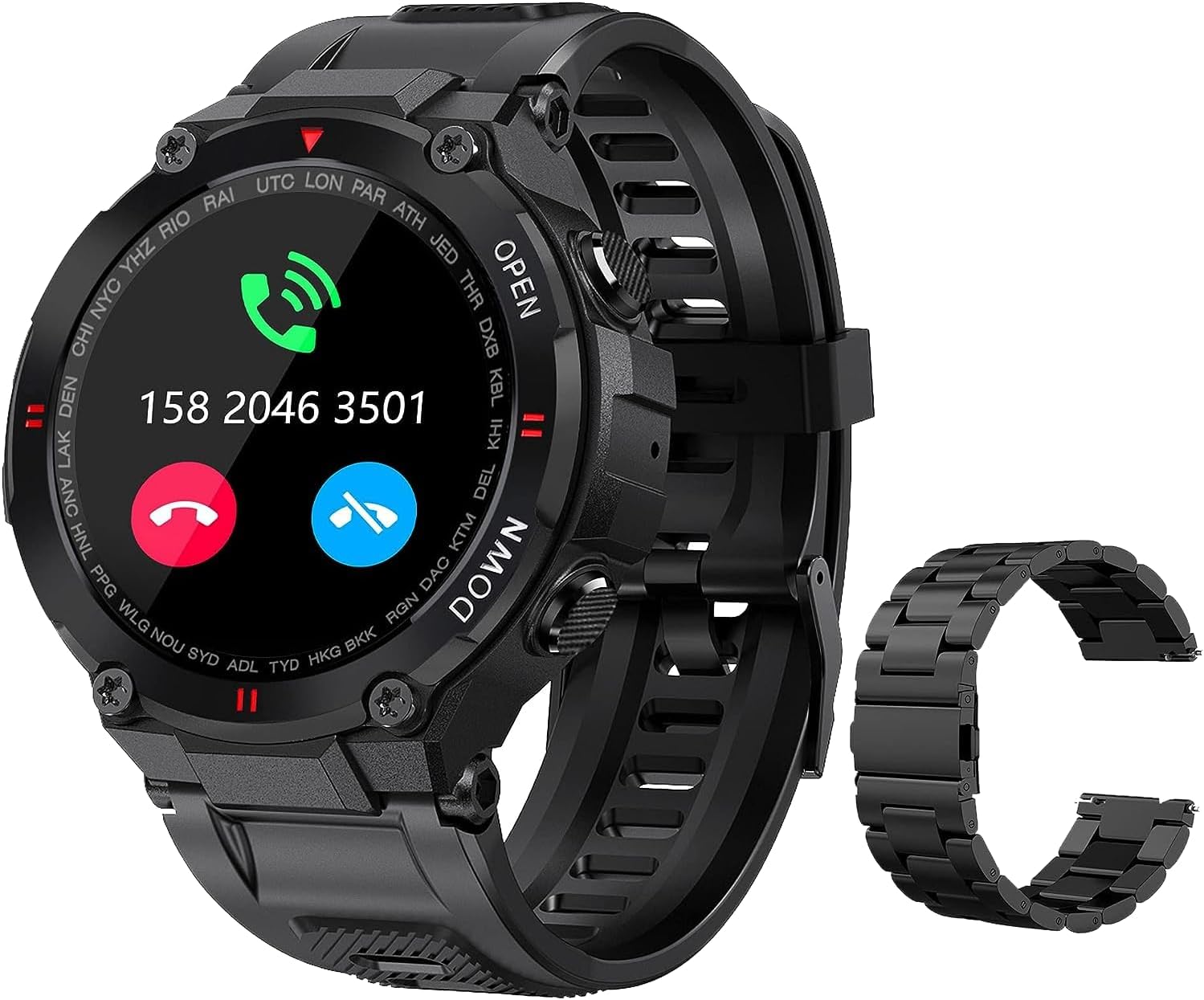 Military Smartwatch Adult Outdoor Waterproof Tactical Smart Watch 1.3 Inch HD Touch Screen Bluetooth Talk Speaker Fitness Tracker Compatible with iPhone Samsung (Black + Extra Stainless Steel Strap)