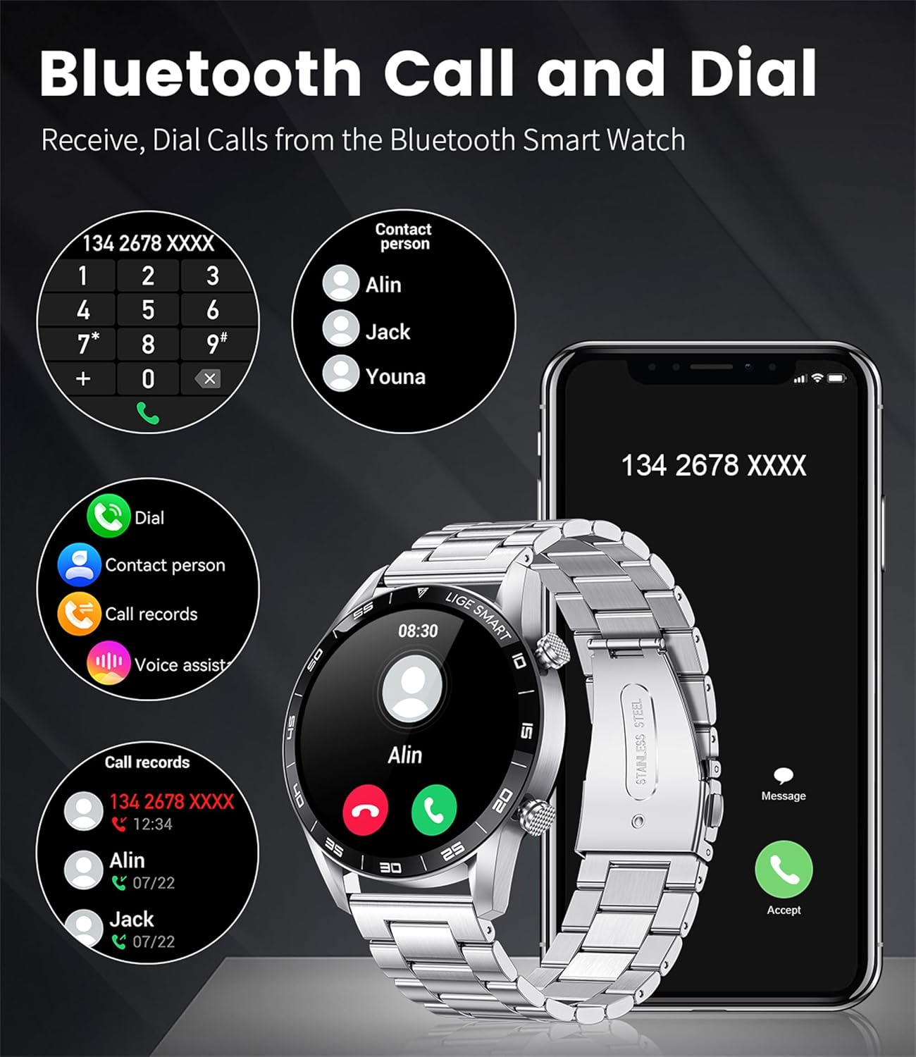 Stainless Steel Smart Watch with Bluetooth Calls - Full Touch Screen 1.3” IP67 Waterproof Fitness Tracker with Heart Rate Monitor Sleep Tracker and More (Silver)