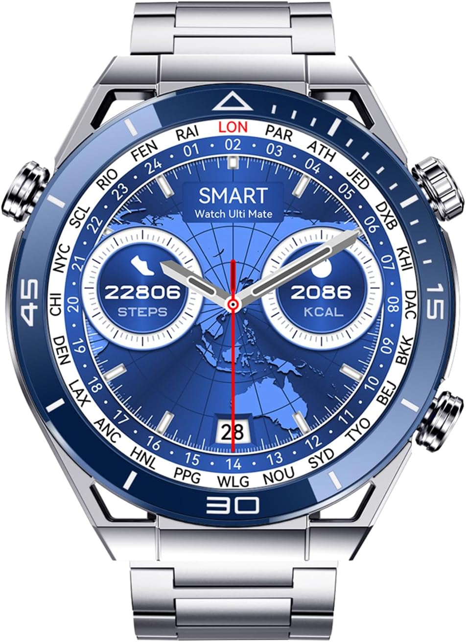 Smart Watch DT Ultra Mate 1.5-inch AMOLED Qibla Kaaba Direction Smartwatch Sports Fitness Pedometer Sleep Tracker Compatible with Android & iOS Men Hands-Free Calls (Silver Blue)