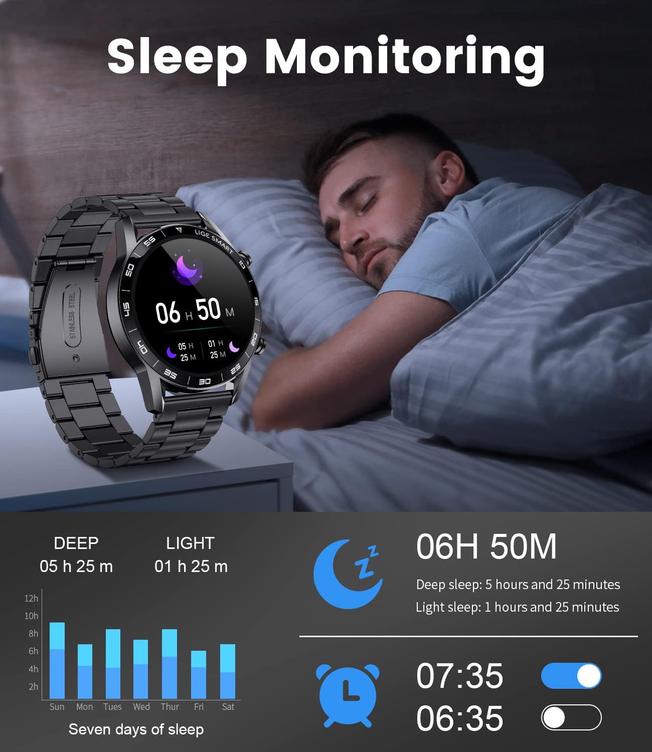 Stainless Steel Smart Watch with Bluetooth Calls - Full Touch Screen 1.3” IP67 Waterproof Fitness Tracker with Heart Rate Monitor Sleep Tracker and More (Black)
