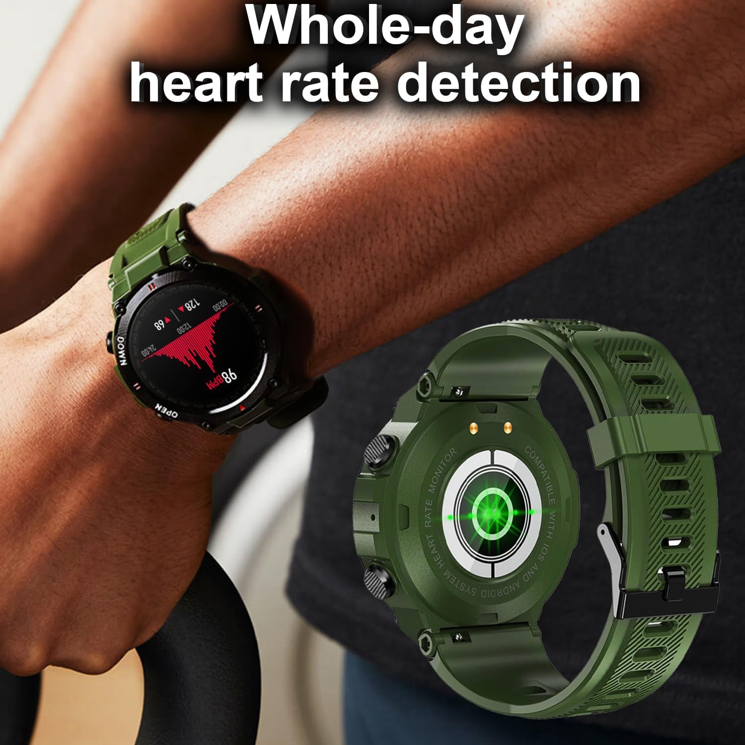 Military Smartwatch Men Outdoor Waterproof Tactical Smart Watch 1.3 Inch HD Touch Screen Bluetooth Talk Speaker Fitness Tracker Compatible with iPhone Samsung (Green) (Green)