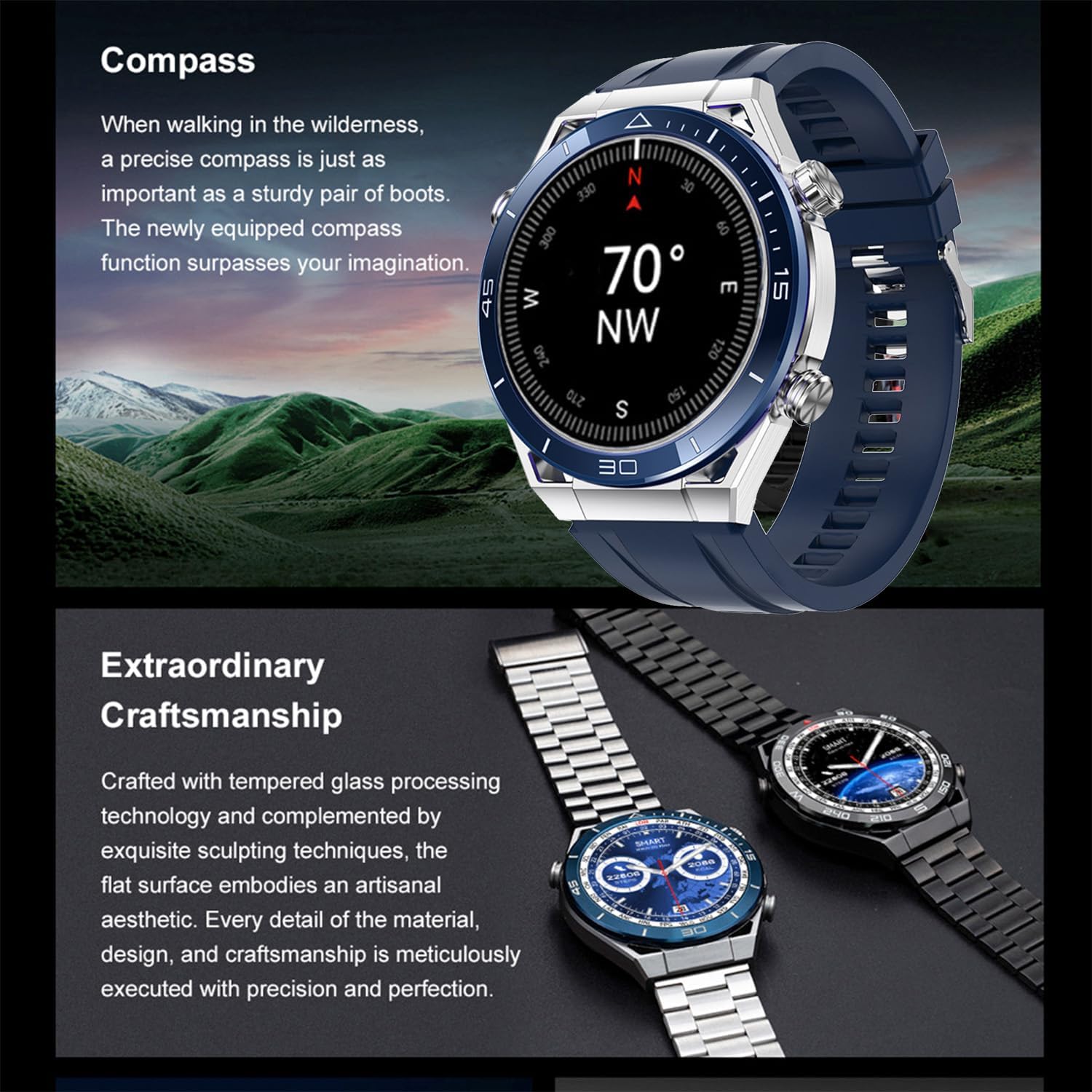Smart Watch DT Ultra Mate 1.5-inch AMOLED Qibla Kaaba Direction Smartwatch Sports Fitness Pedometer Sleep Tracker Compatible with Android & iOS Men Hands-Free Calls (Silver Blue)