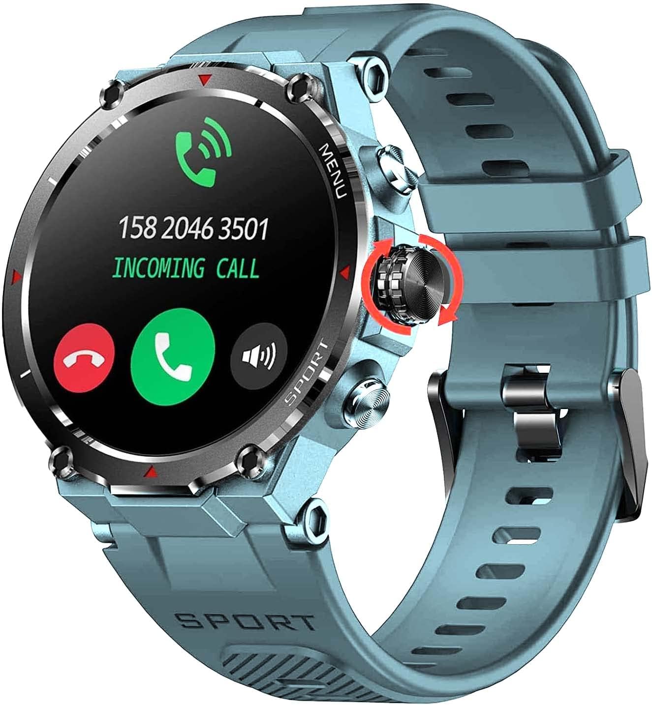 Military Smart Watch for Men Rugged Tactical Smartwatch Bluetooth (Answer/Make Calls) 1.32'' HD Fitness Watch Heart Rate Monitor Sleep Tracker (Blue)
