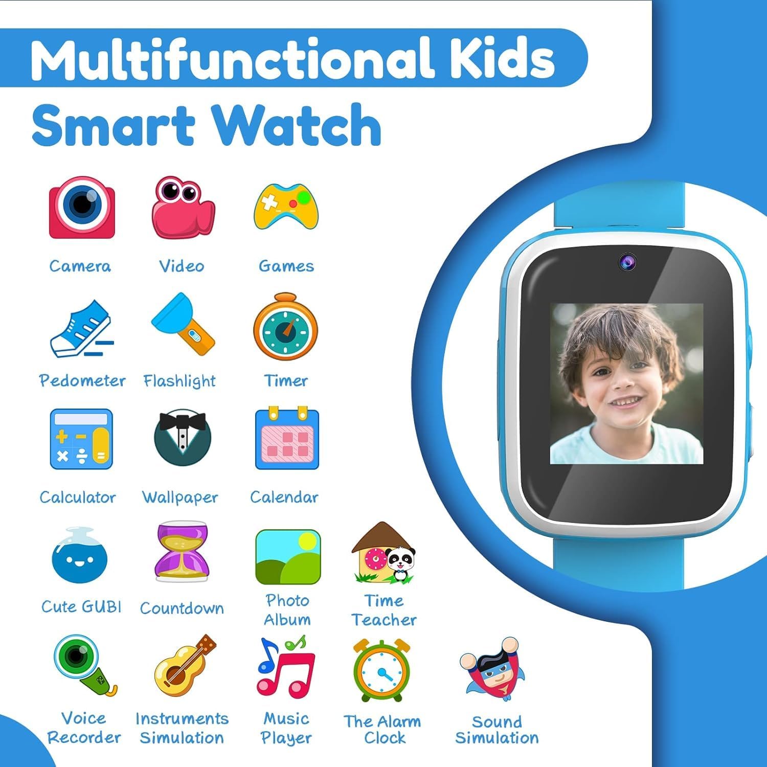 Kids Touchscreen Smartwatch with Cameras - Music Player, Educational Toy Pedometer Ideal Toddler Gifts for 3-10-Year-Olds - Birthday Present for 6-8-Year-Old (Blue)