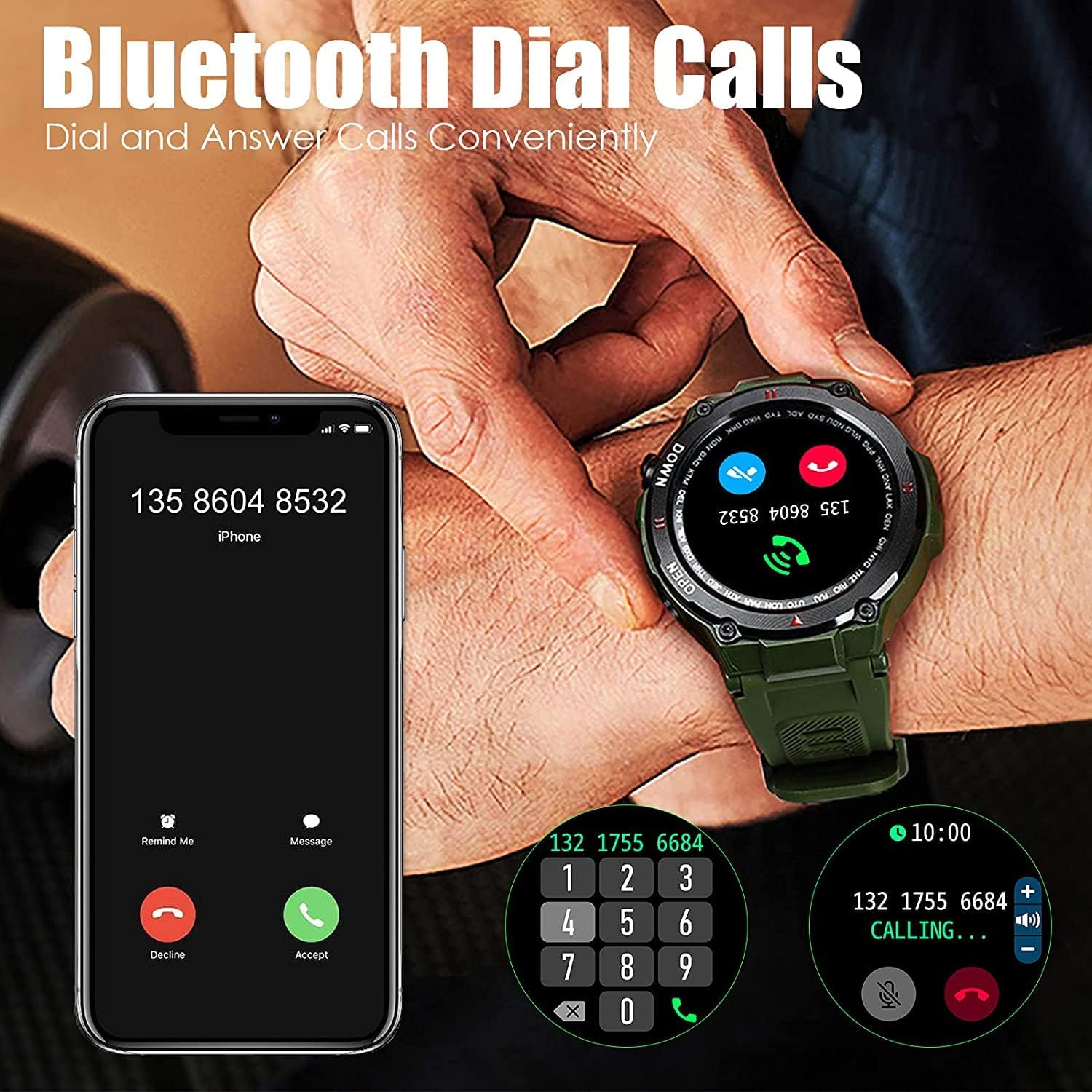 Military Smartwatch Men Outdoor Waterproof Tactical Smart Watch 1.3 Inch HD Touch Screen Bluetooth Talk Speaker Fitness Tracker Compatible with iPhone Samsung (Green) (Green)