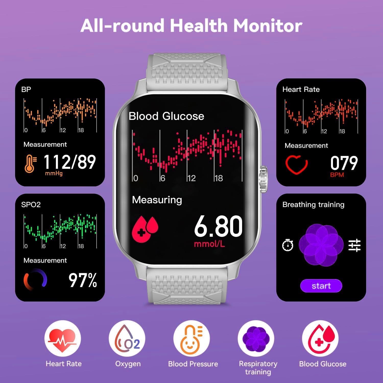 Big Touch Screen Smartwatch for Men and Women Health Fitness Tracker with Sleep Monitor Blood Pressure Pedometer Compatible with iOS and Android Phones (Gray)