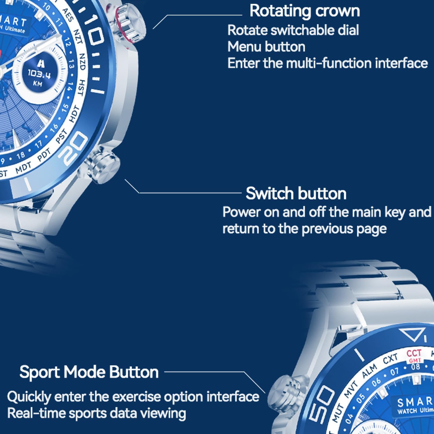 Smart Watch DT Ultra Mate 1.5-inch AMOLED Qibla Kaaba Direction Smartwatch Sports Fitness Pedometer Sleep Tracker Compatible with Android & iOS Men Hands-Free Calls (Silver Blue)