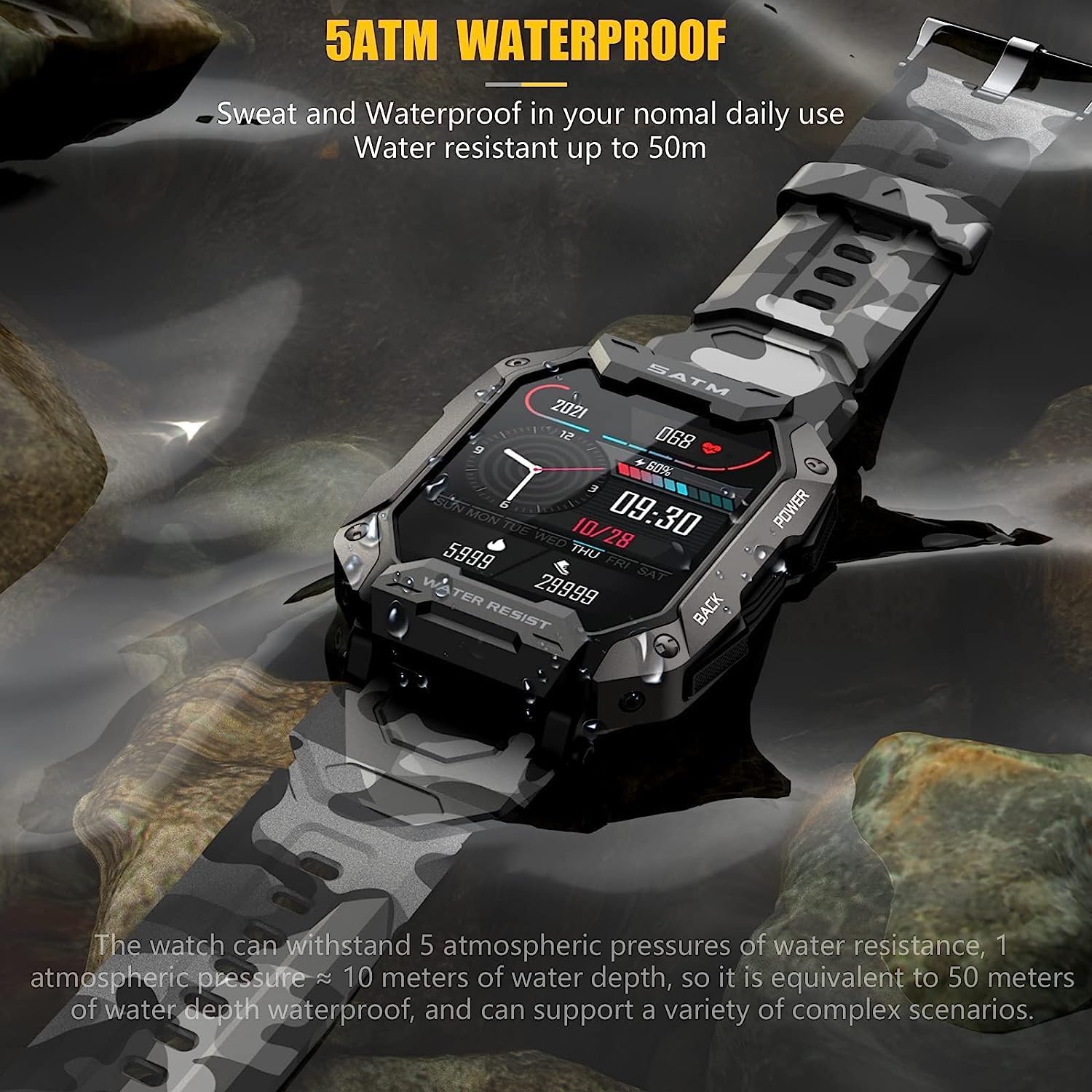 Military Smartwatch for Men Outdoor Tactical Sports Watch 5ATM Waterproof 1.71 Inch Fitness Tracker Heart Rate Sleep Monitor Smart Watch Compatible with Android iPhone Samsung (BlackExBand)