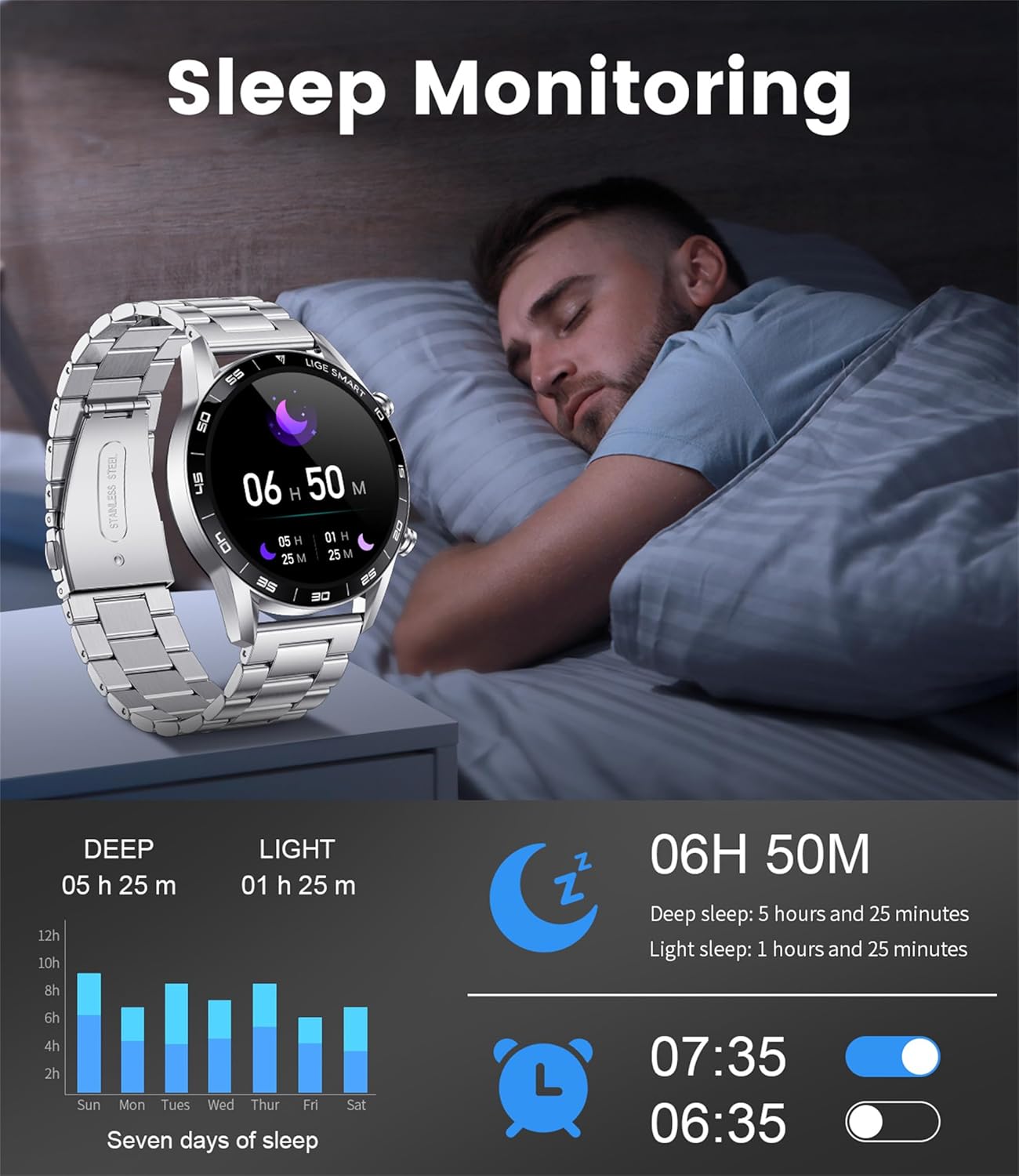 Stainless Steel Smart Watch with Bluetooth Calls - Full Touch Screen 1.3” IP67 Waterproof Fitness Tracker with Heart Rate Monitor Sleep Tracker and More (Silver)