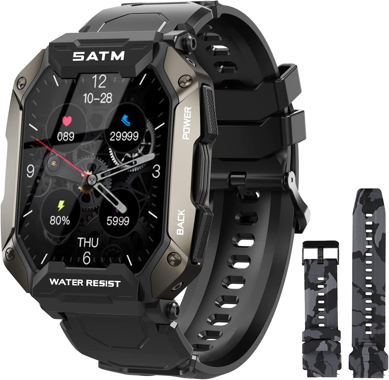 Military Smartwatch for Men Outdoor Tactical Sports Watch 5ATM Waterproof 1.71 Inch Fitness Tracker Heart Rate Sleep Monitor Smart Watch Compatible with Android iPhone Samsung (BlackExBand)