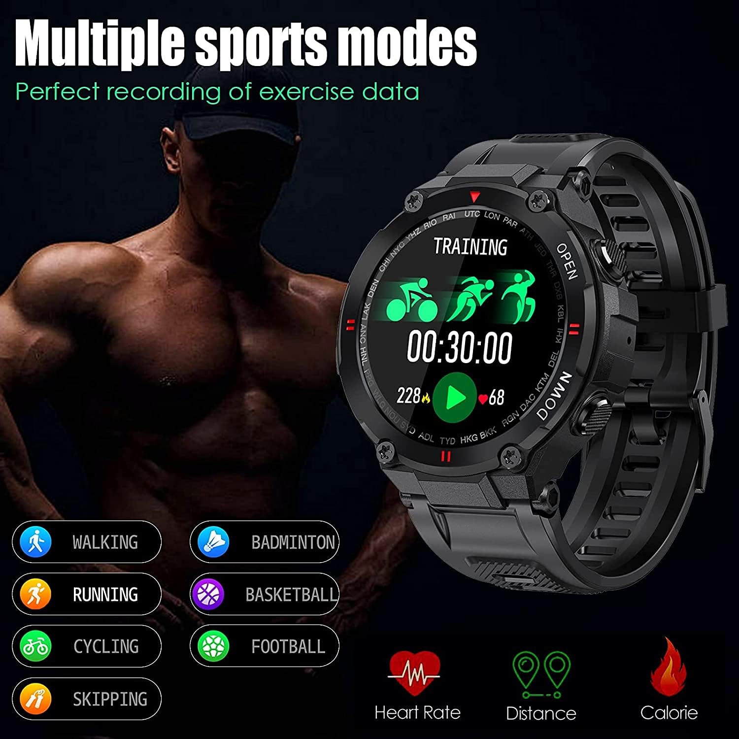 Military Smartwatch Men Outdoor Waterproof Tactical Smart Watch 1.3 Inch HD Touch Screen Bluetooth Talk Speaker Fitness Tracker Compatible with iPhone Samsung (Black)