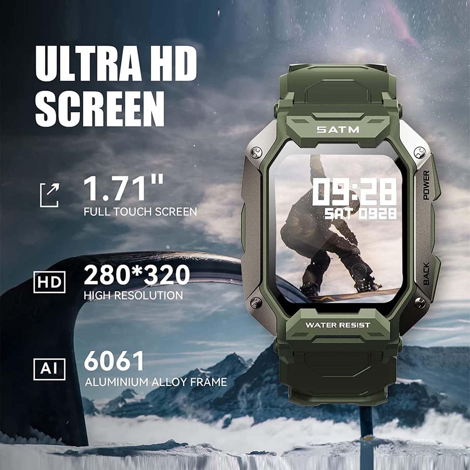 Military Smart Watch for Men Outdoor Tactical Sports Watch 5ATM Waterproof 1.71 Inch Fitness Tracker Heart Rate Sleep Monitor Smartwatch Compatible with Android iPhone Samsung (Green)