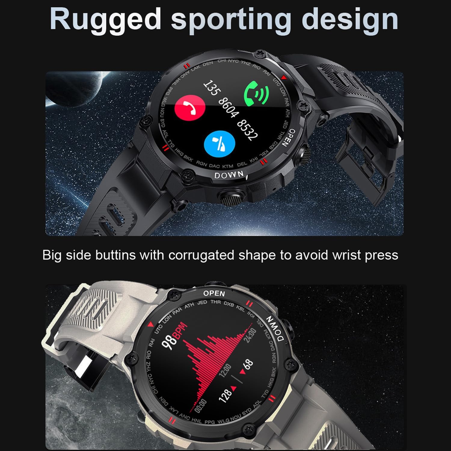 Military Smartwatch Adult Outdoor Waterproof Tactical Smart Watch 1.3 Inch HD Touch Screen Bluetooth Talk Speaker Fitness Tracker Compatible with iPhone Samsung (Black + Extra Stainless Steel Strap)