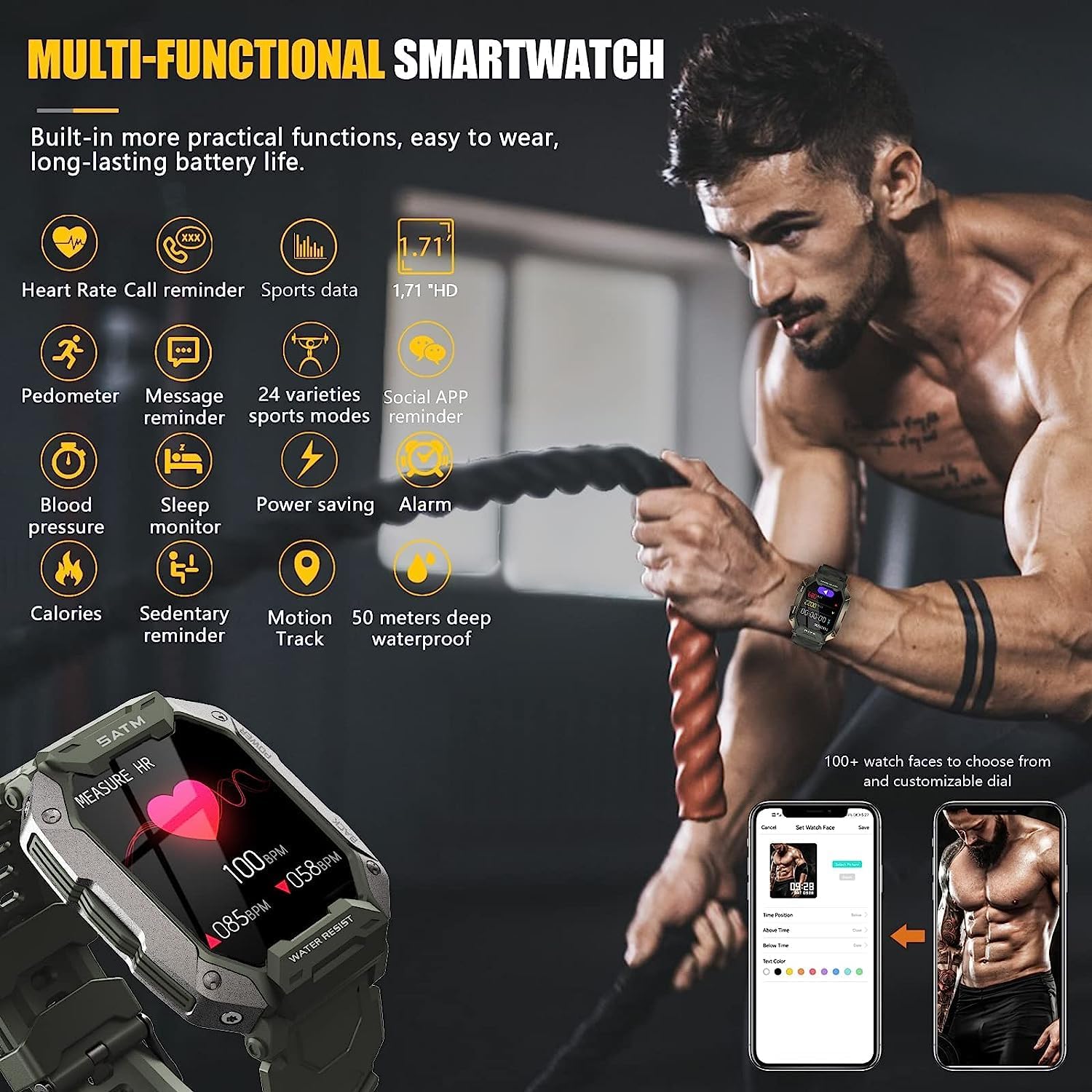 Military Smartwatch for Men Outdoor Tactical Sports Watch 5ATM Waterproof 1.71 Inch Fitness Tracker Heart Rate Sleep Monitor Smart Watch Compatible with Android iPhone Samsung (GreenExBand)