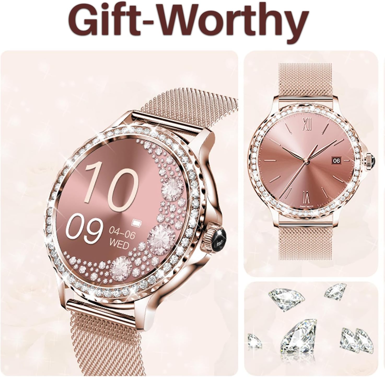 Diamond Women's Smartwatch with Pregnancy and Menstrual Tracking Answer Calls 1.3'' Bluetooth Display for Android iOS, Waterproof Fitness Watch with Sleep and AI Voice Valentines Day Gift (Rose Gold)