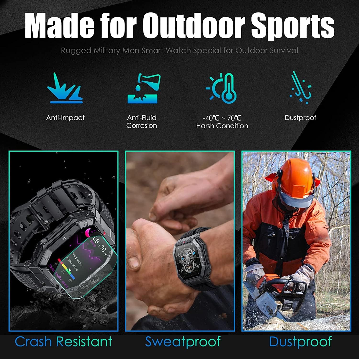 Military Smartwatch for Men with Call Answer/Make Outdoor Tactical Sports Watch Rugged 1.85