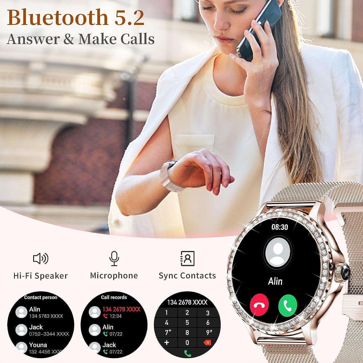Diamond Women's Smartwatch with Pregnancy and Menstrual Tracking Answer Calls 1.3'' Bluetooth Display for Android iOS, Waterproof Fitness Watch with Sleep and AI Voice Valentines Day Gift (Rose Gold)
