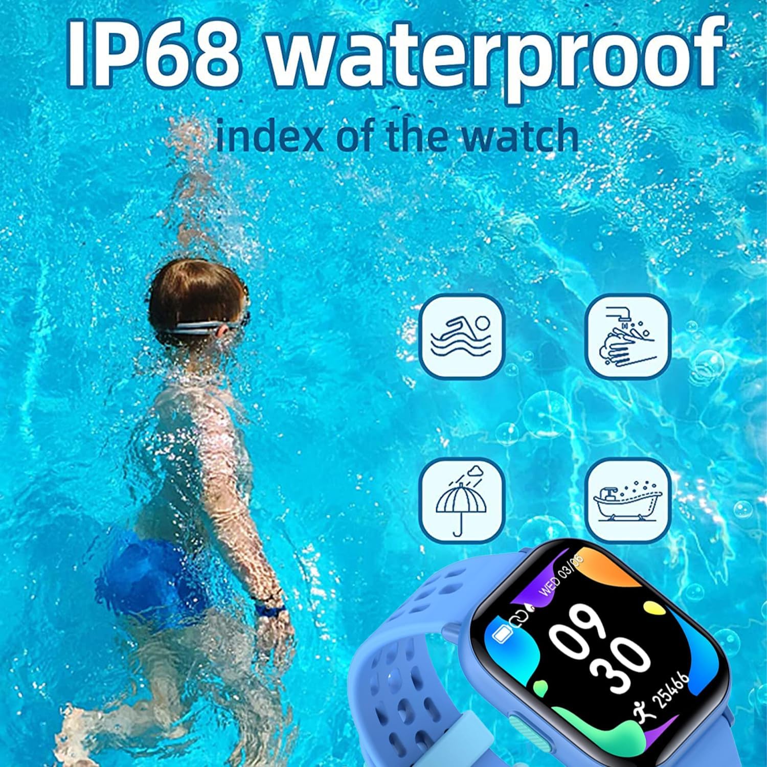 Kids Smartwatch for Boys and Girls IP68 Waterproof Children's Fitness Activity Tracker Watch Heart Rate Sleep Monitor 8 Sports Modes Pedometer Alarm Clock Gifts Teenagers Smart Watch (Blue)
